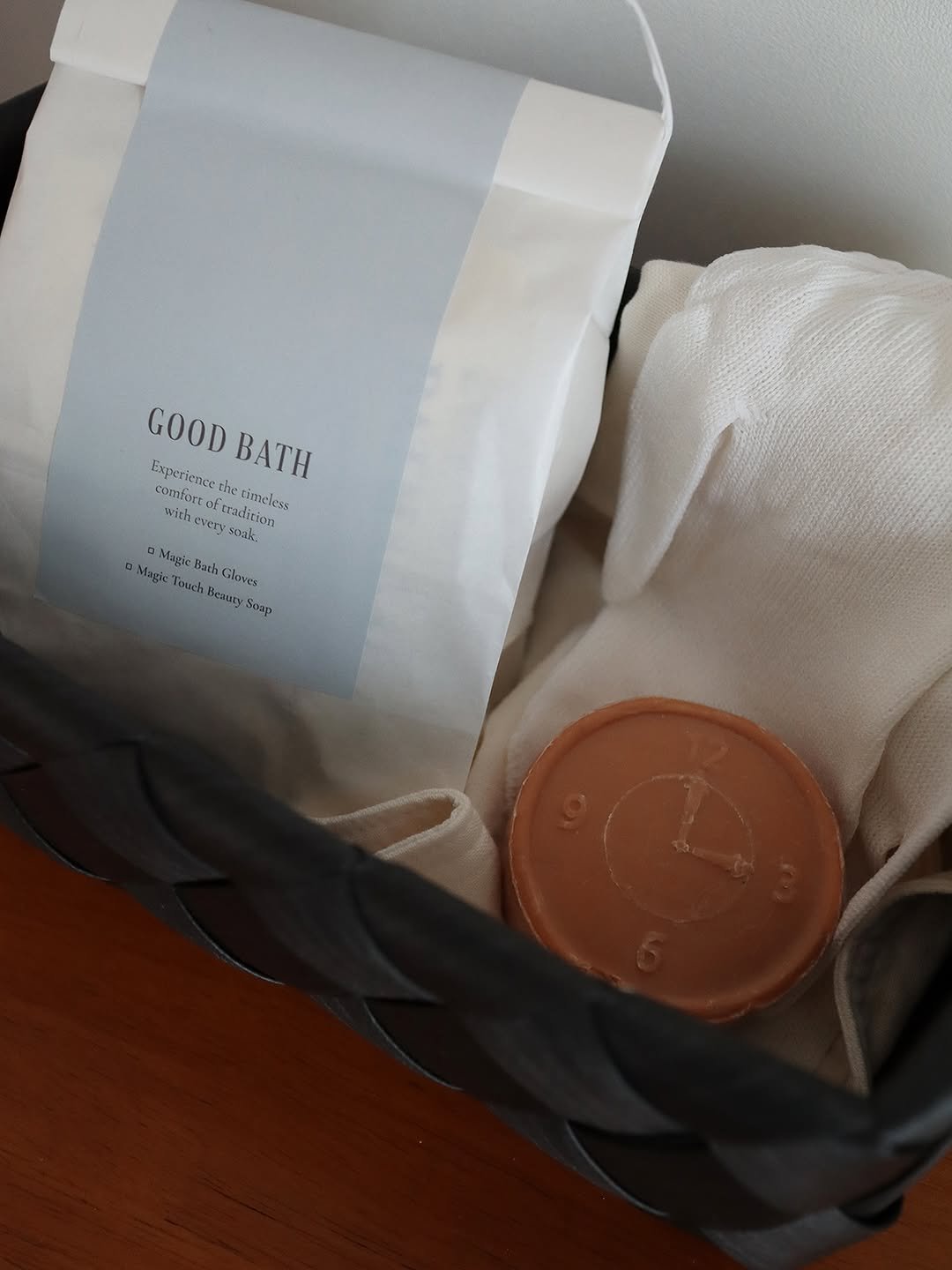 Photo by Noella is Brave on November 03, 2025. May be an image of ‎coffee cup, napkin, cornflower and ‎text that says '‎GOOD BATH camforta Experieacet! the GOODBATH Experiencecherimcles radition timeless coT6oA with afuradition ירושוש soak. Magic Magic Bath Gloves Touch Beaury‎'‎‎.