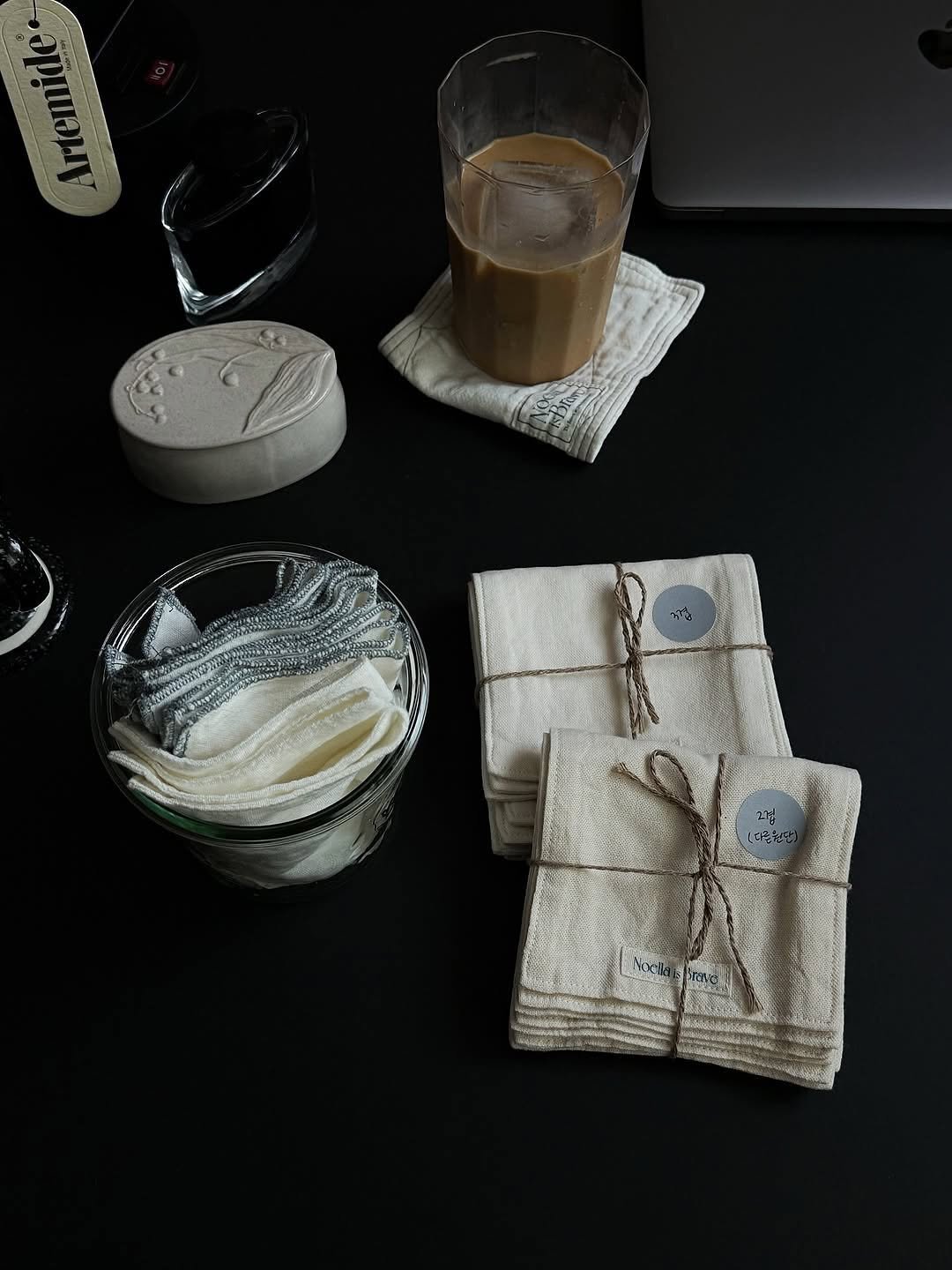 Photo shared by Noella is Brave on October 28, 2025 tagging @ju_seonyo. May be an image of coffee cup, tea, napkin, soap, potholder, bar soap, placemat and text.