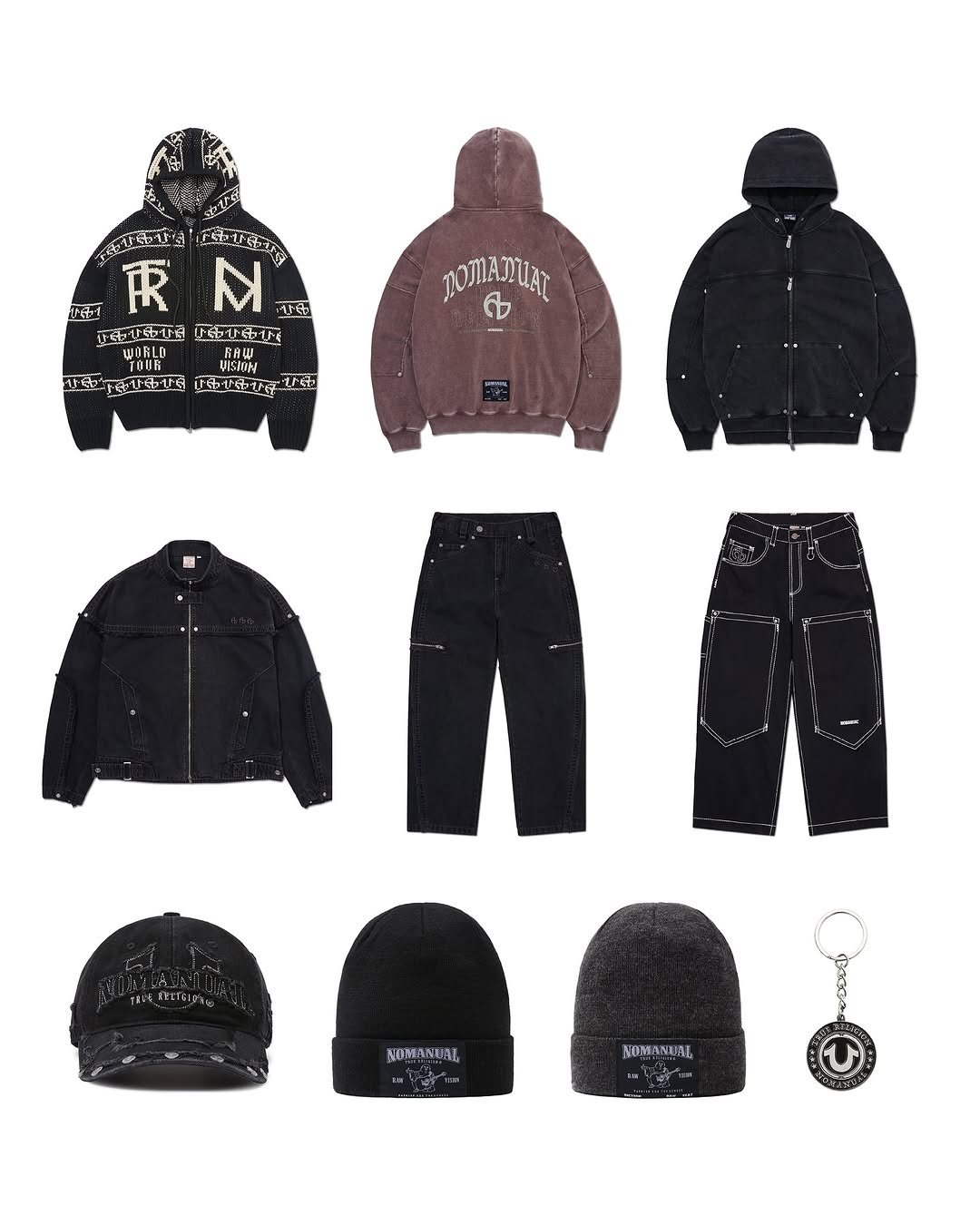 Photo shared by NOMANUAL® on September 18, 2025 tagging @nomanual.designs, and @truereligion.kor. May be an image of face mask, sweatsuit, sweatpants, sweatshirt, sportswear, fleece and text.