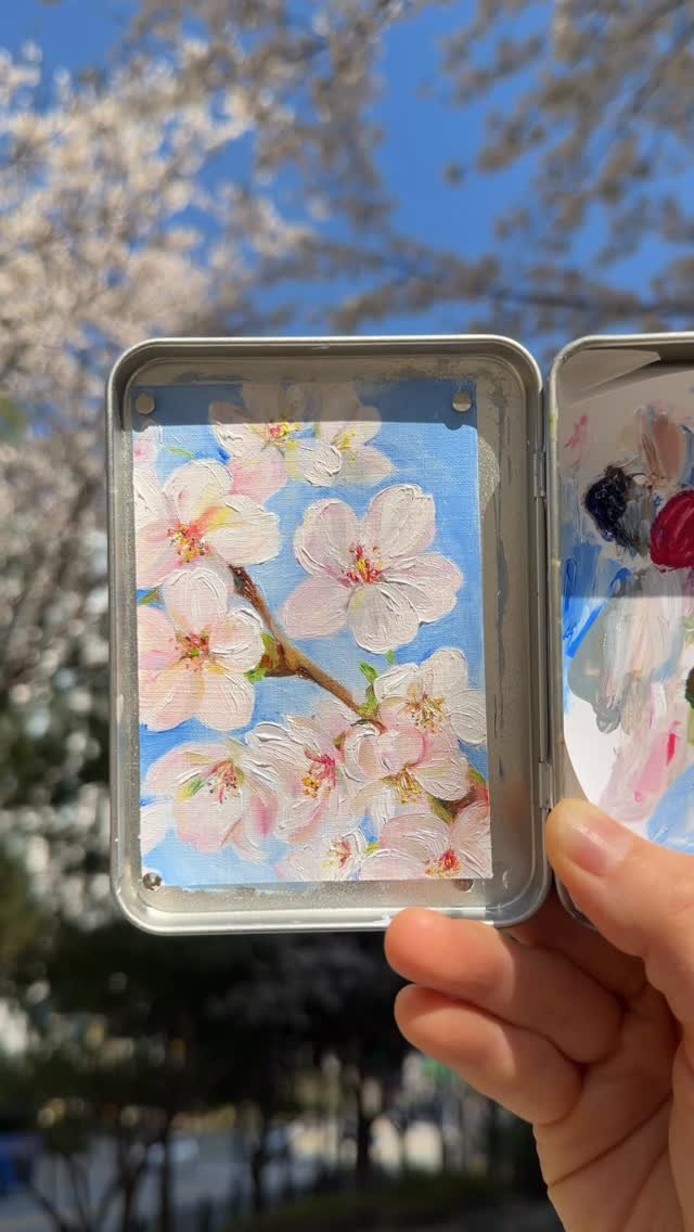 noopy_grim 게시물 이미지: 내일은 비온대서 오늘 오전 내내 유화로 그려본 벚꽃🌸  올봄 벚꽃은 갑자기 왔다가...