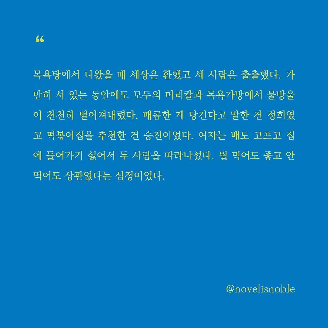 Photo by 소설의 첫 문장 / 한 줄에서 비롯되는 우주 on June 10, 2025. May be an image of crossword puzzle and text that says '목욕탕에서 나왔을 때 세상은 환했고 세 사람은 출출했다. 가 만히 서 있는 동안에도 모두의 머리칼과 목욕가방에서 물방울 이 천천히 떨어져내렸다. 매콤한 게 당긴다고 말한 건 정희였 고 떡볶이짐을 추천한 건 승진이었다. 여자는 배도 고프고 집 에 들어가기 싫어서 두 사람을 따라나섰다. 뭘 먹어도 좋고 안 먹어도 상관없다는 심정이었다. @novelisnoble'.