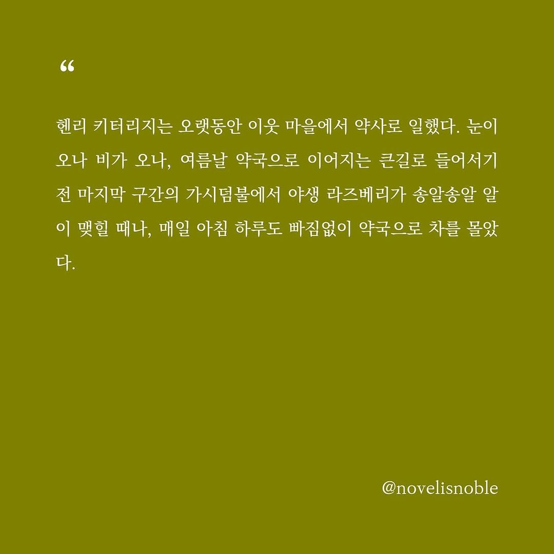 Photo by 소설의 첫 문장 / 한 줄에서 비롯되는 우주 on July 13, 2025. May be a graphic of crossword puzzle, poster and text that says 'I 헨리 키터리지는 오랫동안 이웃 마을에서 약사로 일했다. 눈이 오나 비가 오나, 여름날 약국으로 이어지는 큰길로 들어서기 전 마지막 구간의 가시덤불에서 야생 라즈베리가 송알송알 알 이 맺힐 때나, 매일 아침 하루도 빠짐없이 약국으로 차를 몰았 다. @novelisnoble'.