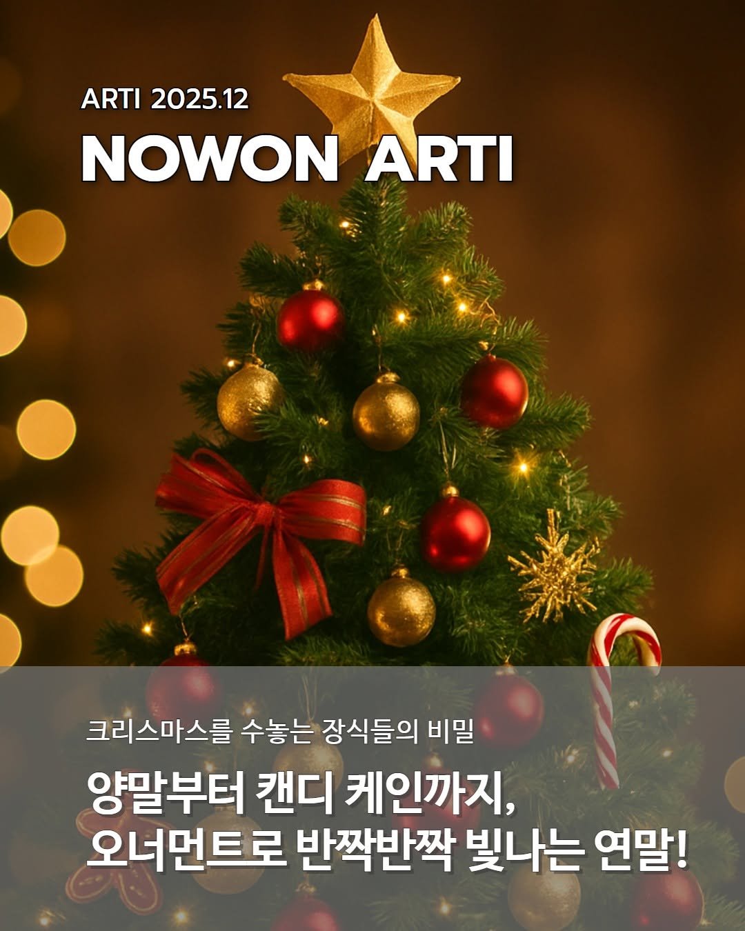 Photo by 노원문화재단 on December 11, 2025. May be an image of poster and text that says 'ARTI 2025.12 2025.12 NOWON ARTI 크리스마스를 수놓는 장식들의 비밀 양말부터 캔디 케인까지, 오너먼트로 반짝반짝 빛나는 연말!'.