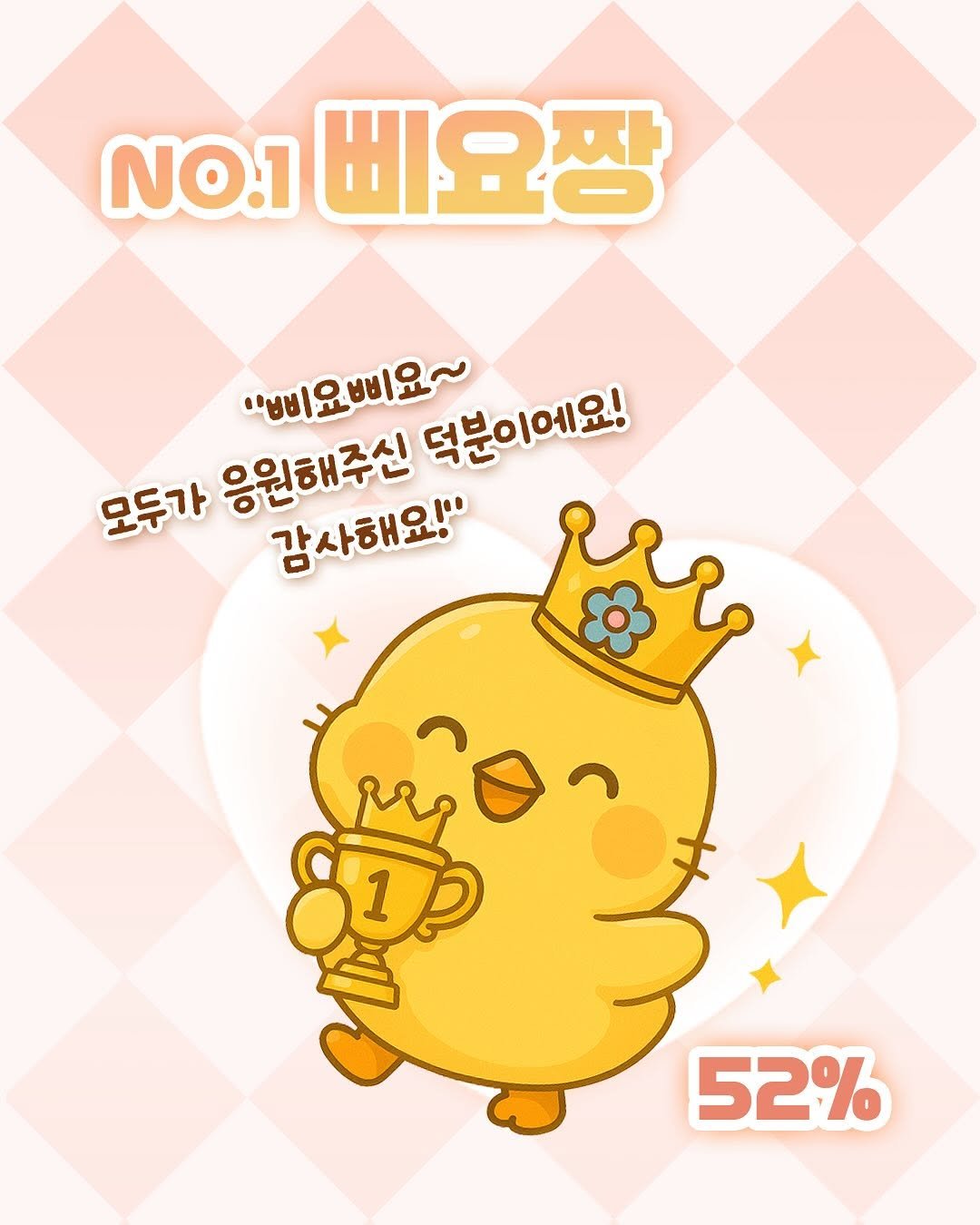 Photo by 일본 간식 뷰티 여행 맛집 | 일본직구쇼핑몰 엔핍 on August 11, 2025. May be an illustration of card and text that says 'NO.1 삐요짱 모두가 응원해주신 **비요삐요~ 덕분이에요! 감사해요!" 52%'.