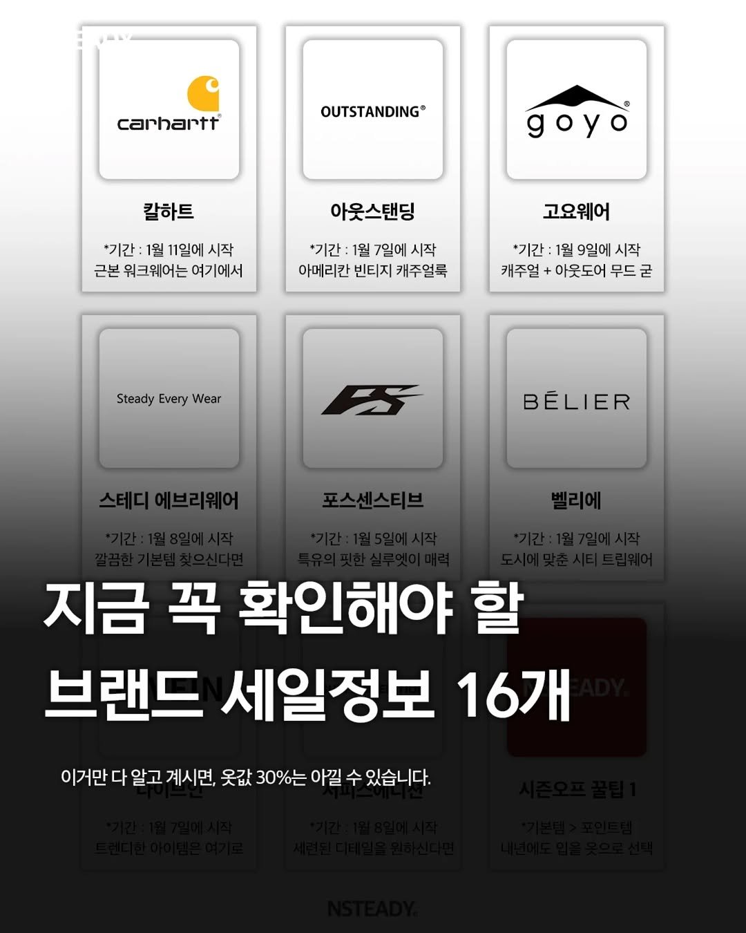 Photo by 엔스테디 - 패션꿀팁•패션매거진 on January 08, 2026. May be an image of poster and text that says 'carhartt® OUTSTANDING 칼하트 goyo *기간: 1월 11일에 시작 근본 워크웨어는 여기에서 아웃스탠딩 '기간 1월 7일에 시작 아메리칸 빈티지 캐주얼룩 고요웨어 *기간 1월 9일에 시작 캐주얼 아웃도어 무드 굳 Steady Every SteadyEveryWear Wear BS BÉLIER 스터미이브로워이포스스틱브빨라비 포스센스티브 지금 꼭 확인해야 할 브랜드 세일정보 16개 이거만 다 알고 계시면, 옷값 30%는 아낄 수 있습니다.'.