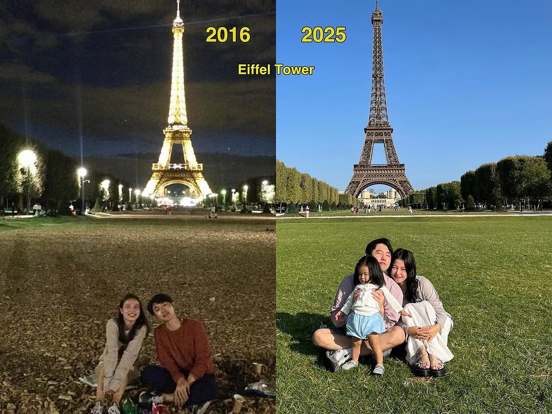 Photo shared by Ga Young on January 04, 2026 tagging @lazyhyeok, and @nutaenee. May be an image of the Arc de Triomphe, tower and text that says '2016 2025 Eiffel EiffelTower Tower TIRter A OIR'.