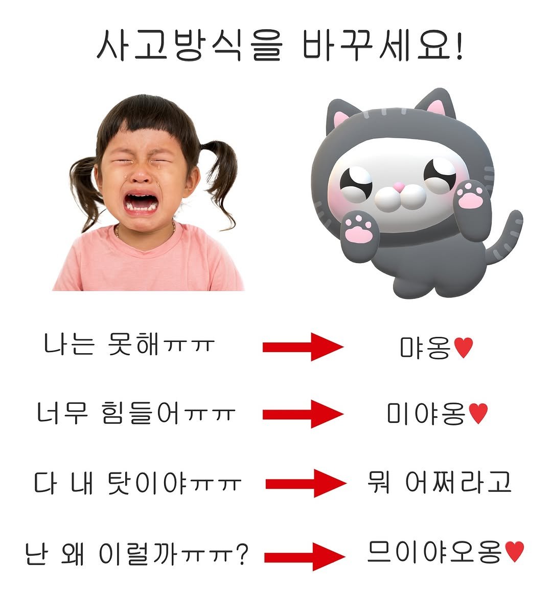 Photo by 누누씨 on July 22, 2025. May be an image of 1 person, pie and text that says '사고방식을 바꾸세요! 나는 는못해ㅠㅠ 못해 야옹 너무 힘들어ㅠㅠ ㅠㅠ 미야옹 다 내 탓이야ㅠㅠ 뭐 어쩌라고 난 왜 이럴까ㅠㅠ? 으이야오옹'.
