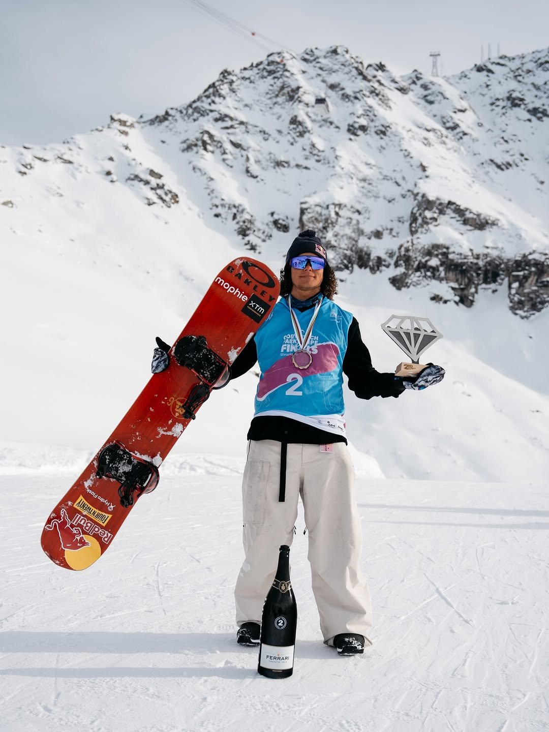 Photo shared by Oakley Snowboarding on March 28, 2026 tagging @valentinoguseli. May be an image of snowboarding, ski, ski slope, snow and text.