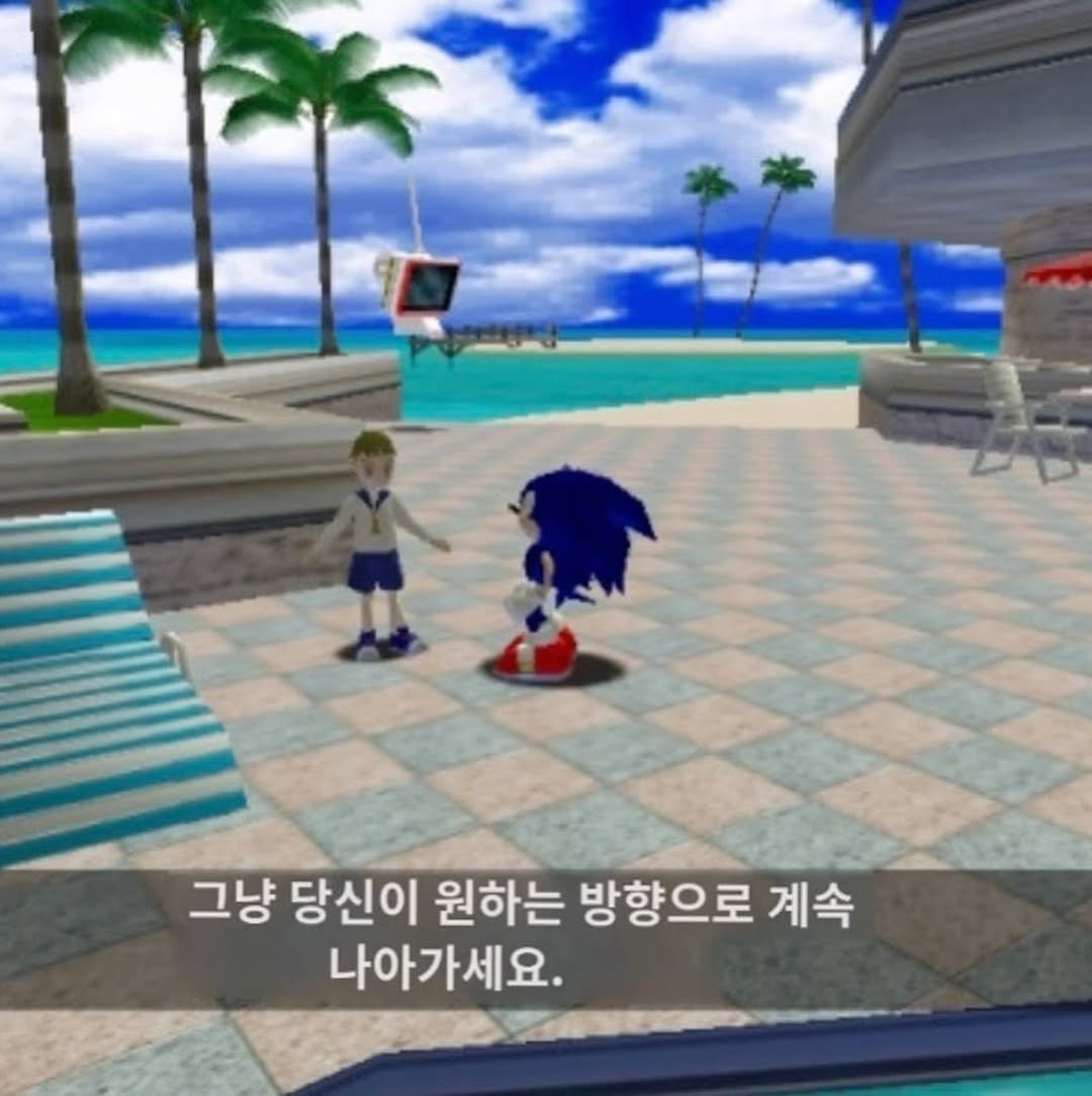 Photo by 탈닌 タニ on August 06, 2025. May be a cartoon of 1 person, Sonic the Hedgehog and text that says '그냥 당신이 원하는 방향으로 계속 나아가세요.'.