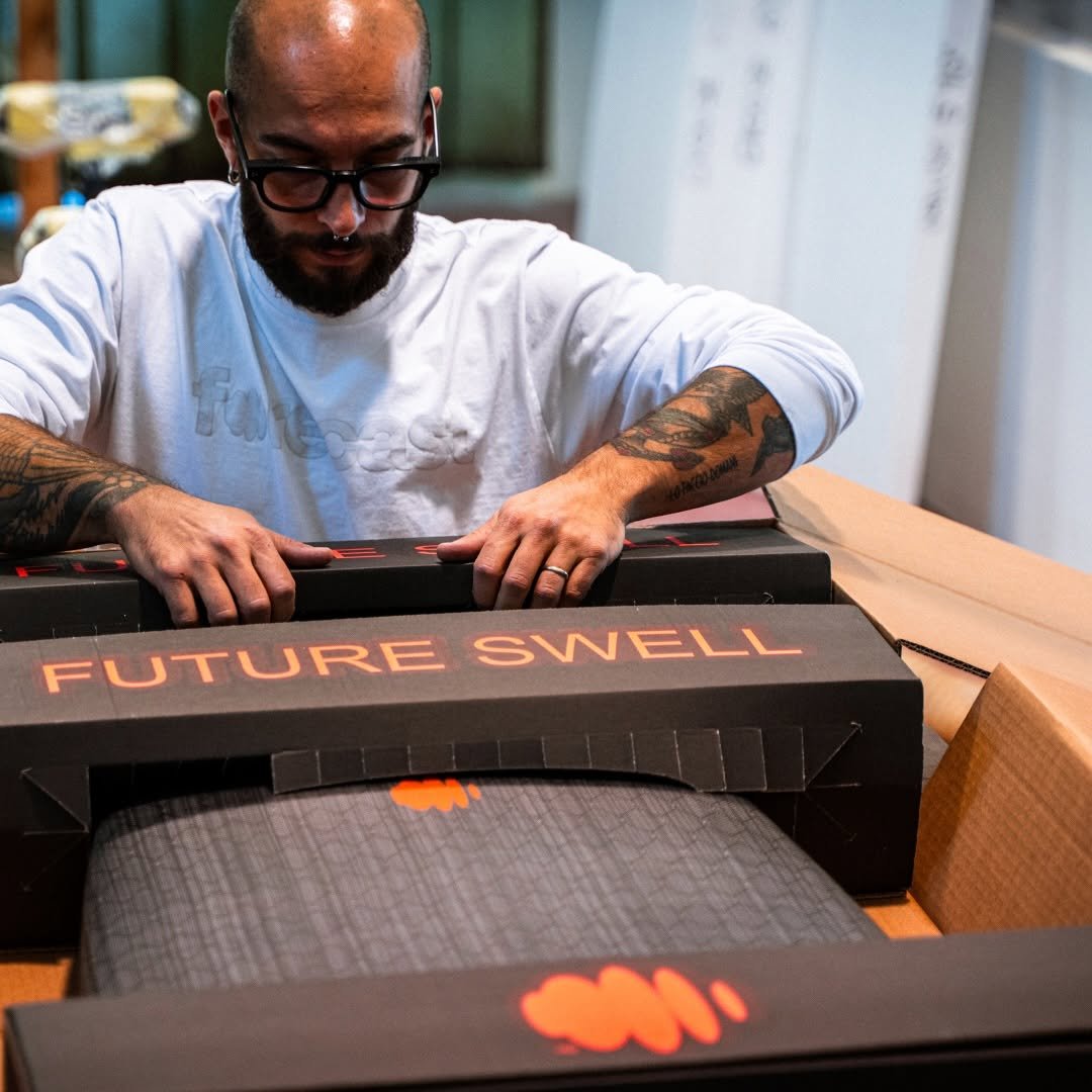 Photo by Forecast Surf on December 19, 2025. May be an image of surfboard, welcome mat, skateboard, wetsuit, rack and text that says 'FUTURE SWELL'.