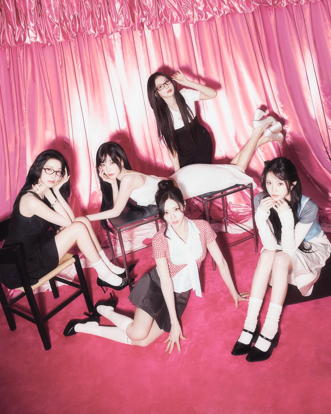 Photo shared by fromis_9 [프로미스나인] on March 01, 2026 tagging @xjiwonparkx, @blossomlng_0, @chaengrang_, @shy9_29, and @jiheonnibaek. May be an image of one or more people, hair, miniskirt and text.