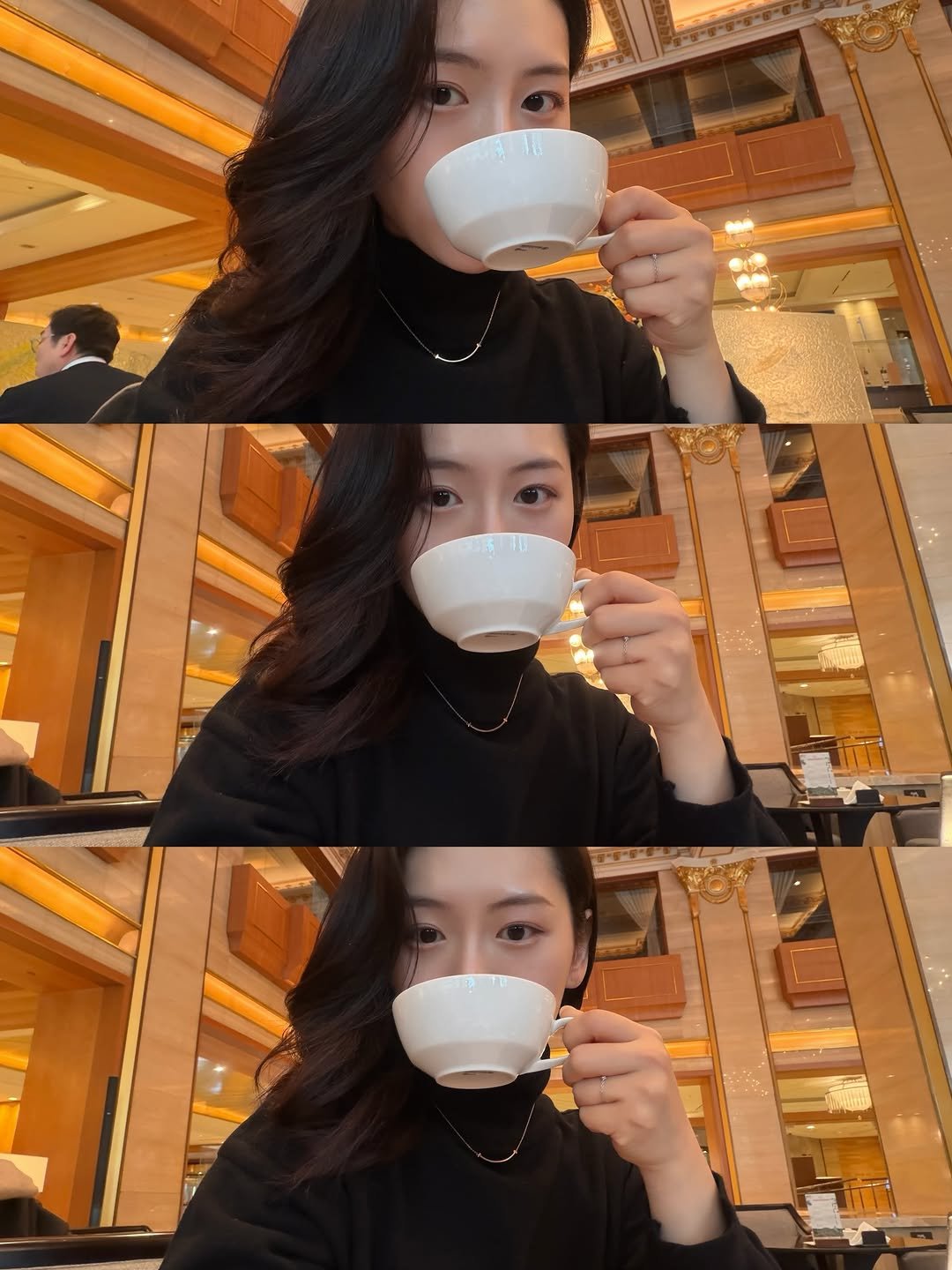 Photo shared by 하늘 민 고울 선 on February 12, 2026 tagging @lottehotel_seoul. May be an image of coffee cup, coffee, tea, cappuccino and text.