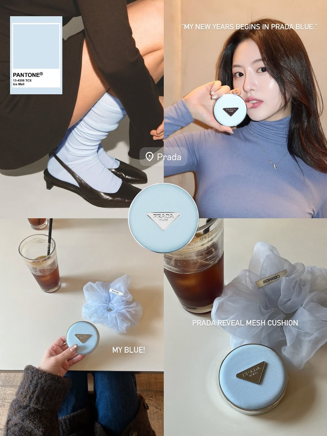 Photo shared by 하늘 민 고울 선 on January 02, 2026 tagging @pradabeauty. May be an image of ‎cornflower and ‎text that says '‎"MY NEW YEARS BEGINS IN PRADA "WYNEWYEARSBEGINSINPRADABLUE PRADABLUE BLUE. PANTONE® 134366 ICK K 13436 IceMok CR И Prada == 길 מרוש Sae บวษา PRADAREVEALMESHCUSHION PRADA REVEAL MESH CUSHION MYBLUE! MY BLUE!‎'‎‎.