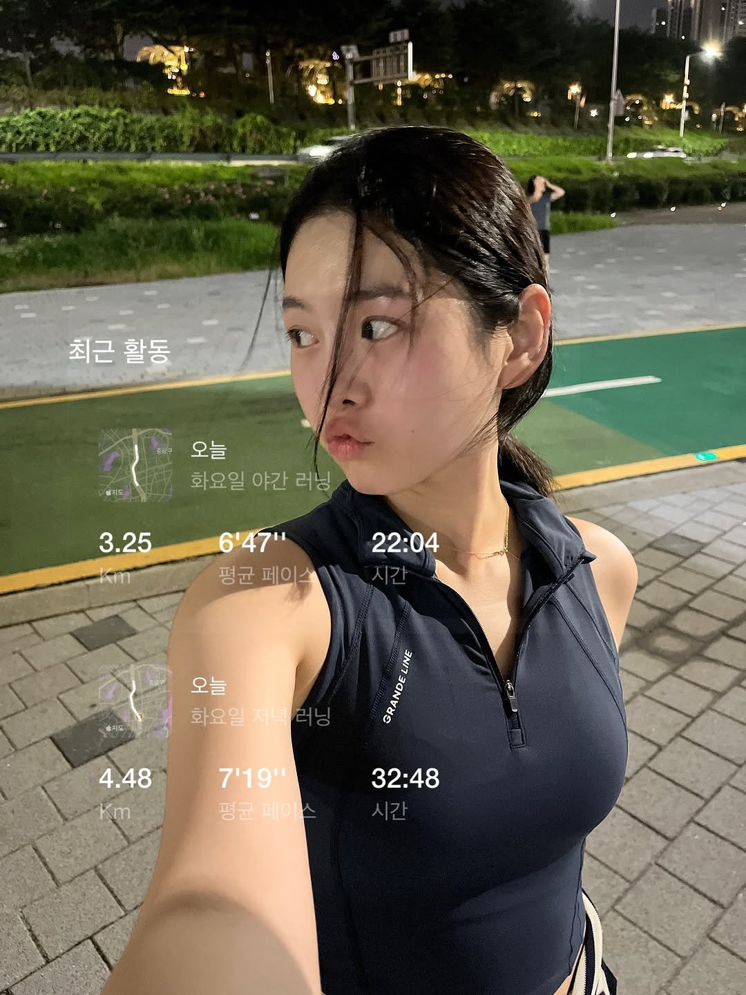 Photo shared by 하늘 민 고울 선 on July 15, 2025 tagging @nikerunning, and @_lenssis. May be an image of 1 person, golfing, top, outdoors and text that says '최근활동 최근 활동 로지도로 오늘 화요일 야간 러닝 3.25 6'47" 평균페이스 평균 페이스 22:04 오늘 화요일 일저녁러닝 저녁 A N 4.48 יי90"9 평균 평균페이 페이 32:48 시간'.
