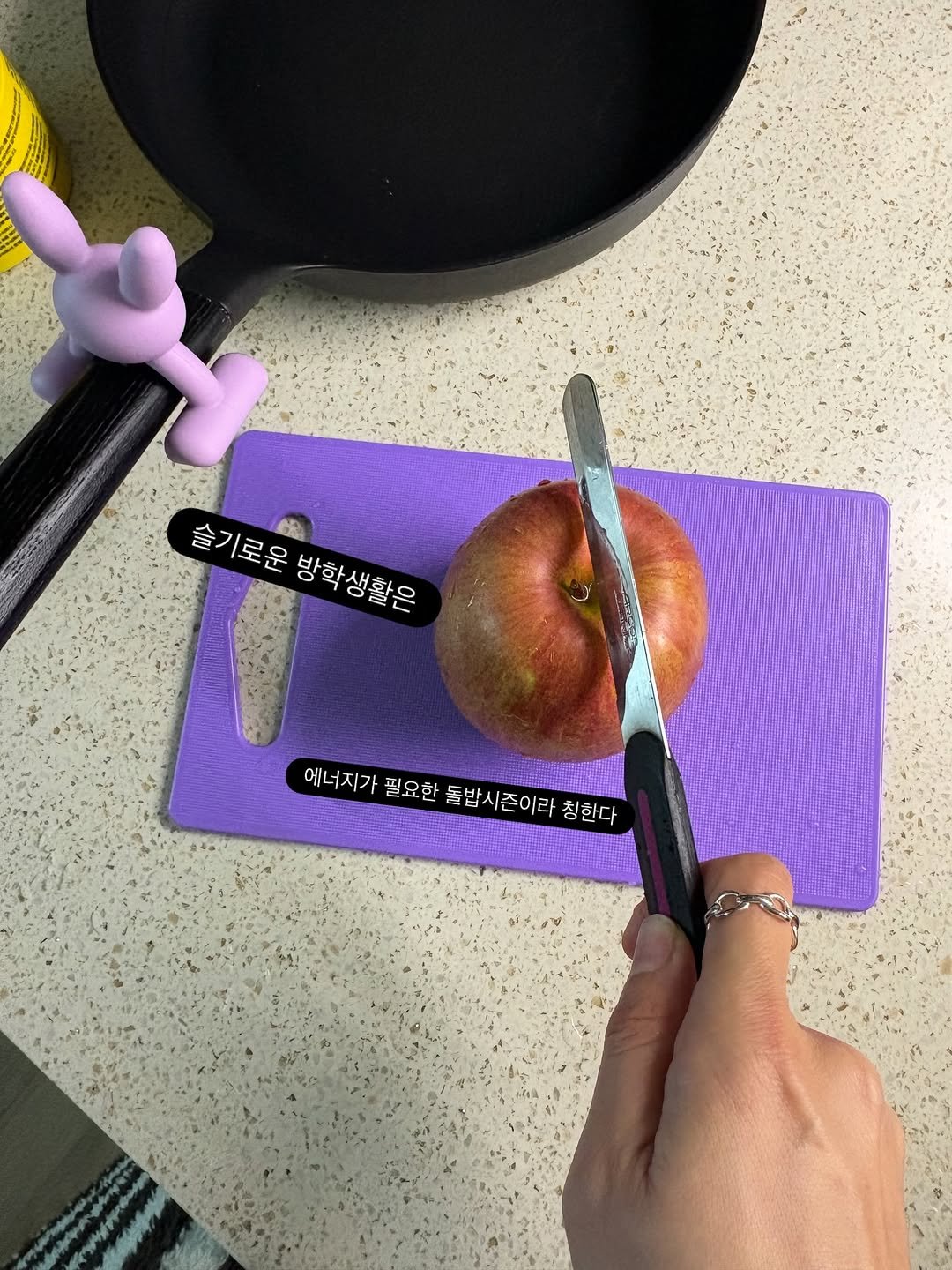 Photo by 오후하우스ㅣ살림•정리•집밥 on January 25, 2026. May be an image of apple, knife, egg, spatula, saucepan and text that says '슬기로운 슬기로운방학생활 방학생활은 즐기로운밥화생활은 방학 0 ΓΟ 에너지가 필요한 에너지가필요한돌밥 에너자가필요한듬범시존이라친된다 돌밥시존이라 돌밥시즌이라칠한ㄷ 칭한다'.