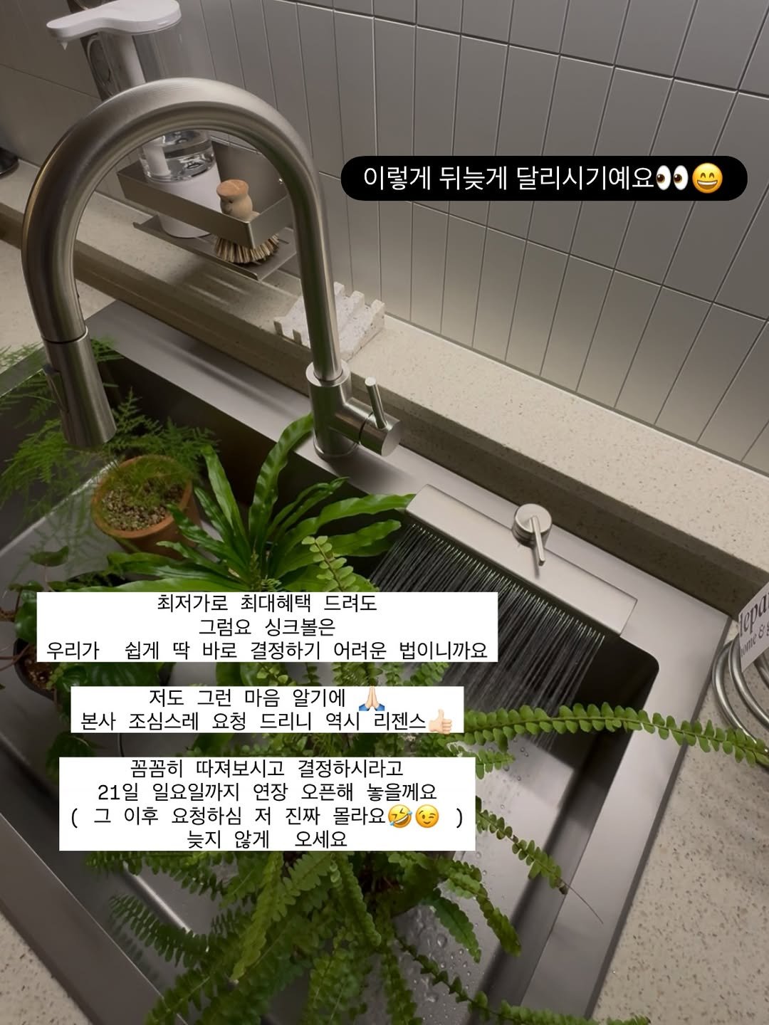 Photo by 오후하우스ㅣ살림•정리•집밥 on December 18, 2025. May be an image of shower, sink, faucet, wash basin, house plant, mistletoe cactus and text that says '이렇게 뒤늦게 달리시기예요ㅇ 우리가 최저가로 최대혜택 드려도 그럼요 싱크볼은 쉽게 딱 바로 결정하기 어려운 법이니까요 博南付 저도 그런 마음 알기에 본사 조심스레 요청 드리니 역시 리젠스 꼼꼼히 따져보시고 결정하시라고 21일 일요일까지 연장 오픈해 놓을께요 그 이후 요청하심 저 진짜 몰라요 늦지 않게 오세요'.