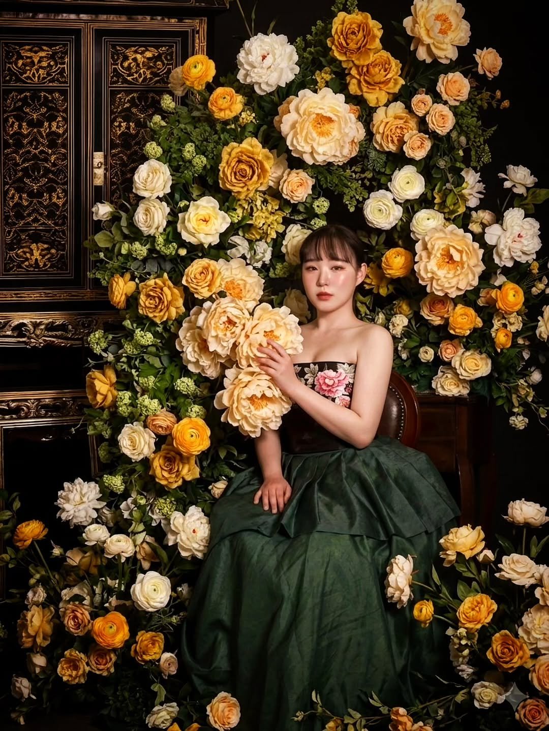 Photo by 🦋Minji Kim (Minhwa)🦋 on March 23, 2026. May be an image of gown, flower arrangement, dress, prairie gentian, rose, carnation and text.