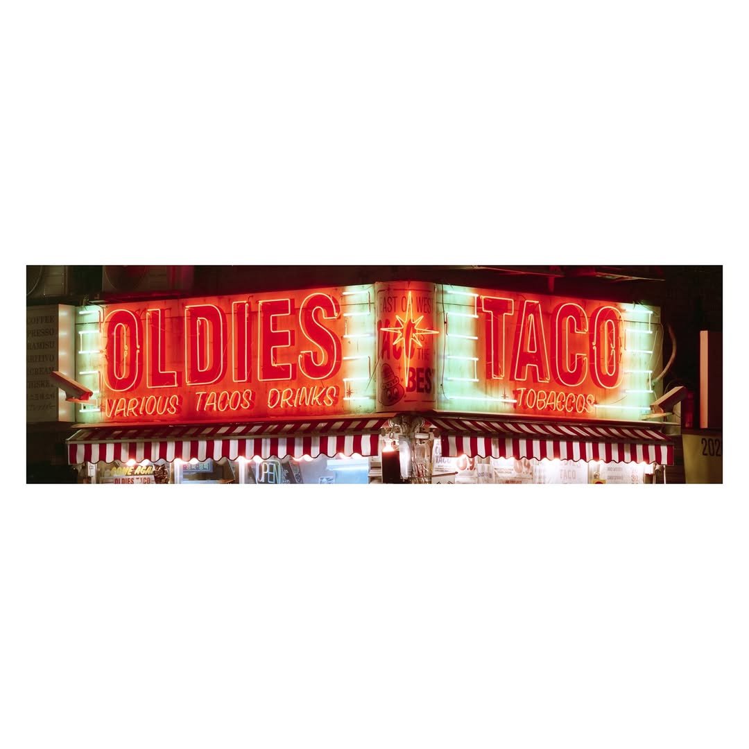 Photo shared by 김현우 on December 05, 2025 tagging @oldiestaco. May be an image of signboard and text that says 'OLDIES TACO VARIOUS TAOOS OLDIESTAC VARIOUSTACOSORINKS ORINKS TOBACCOO 美版"3防'.