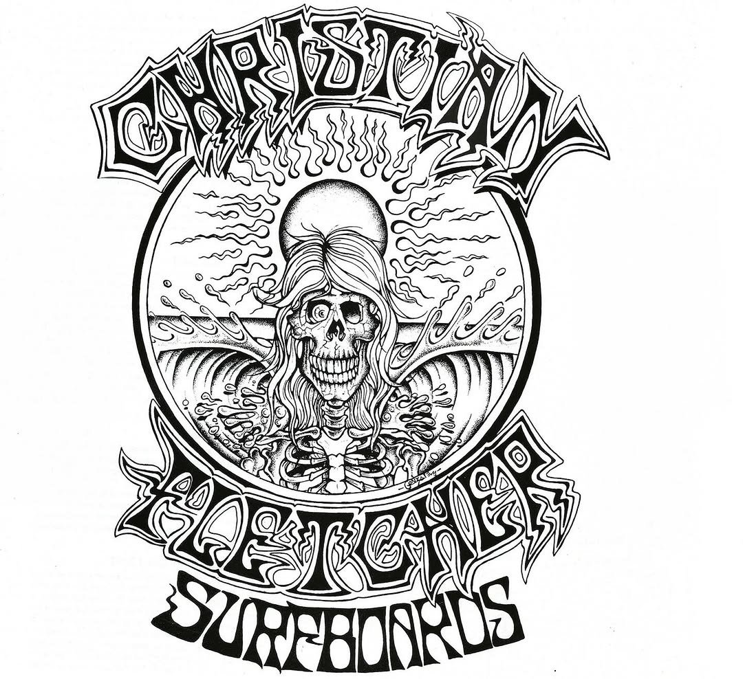 Photo by Aloha in Lower Trestles, San Clemente. May be a graphic of surfboard, skateboard, poster, skull, water and text that says 'ั'.