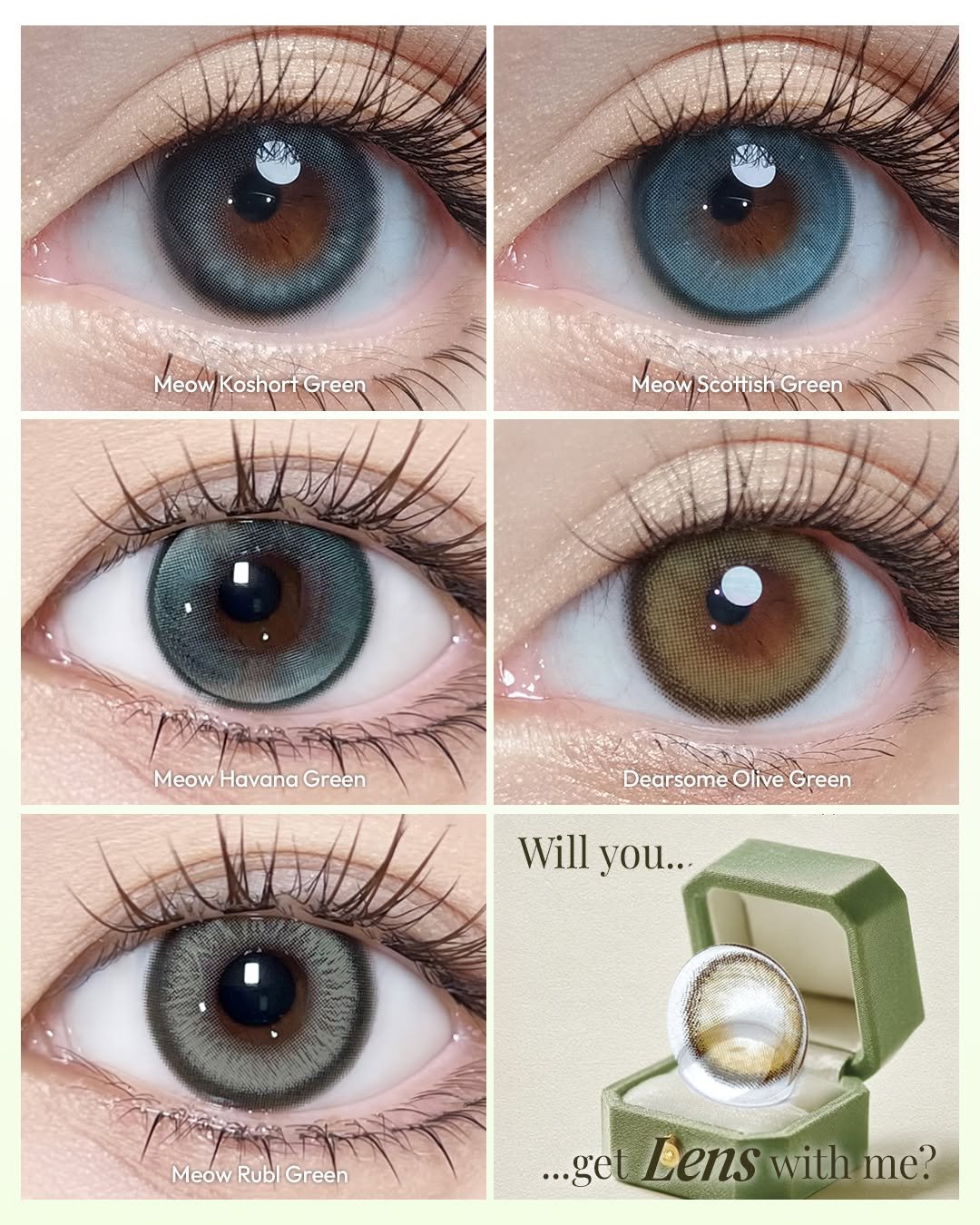 Photo by 오로라렌즈 | 데일리 렌즈맛집 on February 22, 2026. May be an image of text that says 'Deno サ.ル Meow Koshort MeowKoshortGreen Green Meow MeowScottishGreen Scottish ScottishGreen Green MeowHavanaGreen Meow Havana Green Dearsome DearsomeOliveGreen Olive Green Will Willyou... you... MeowRublGreen Meow Rubi Green ...get Lens with ..g.eLenswithme? me?'.