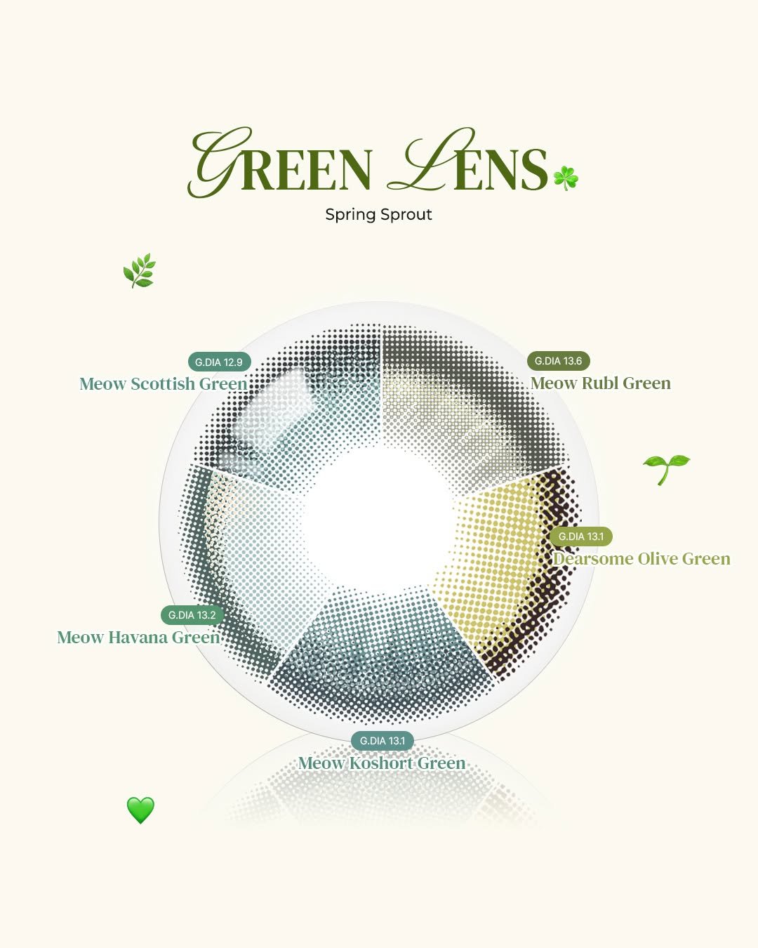 Photo by 오로라렌즈 | 데일리 렌즈맛집 on February 22, 2026. May be a graphic of poster, magazine and text that says 'CREEN CREENLENS LENS SpringSprout Spring Sprout G.DIA 12.9 Meow Scottish Green G.DIA 13.6 Meow Rubl Green G.DIA 3.2 MeowHavanaGreen Meow Ha4ana Green G.DIA 3.1 Dearsome Olive Green G.DIA13.1 G.DIA 13.1 Meow Koshort MeowKoshortGreen Green-'.