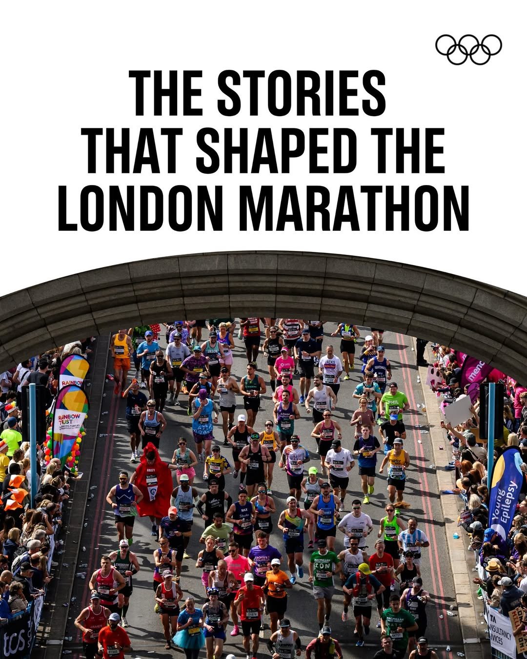 Photo by The Olympic Games on April 27, 2026. May be an image of poster, magazine and text that says 'THE STORIES TH SHAPED THE LONDON MARATHON RAIROY LINBOW TUST NDOW ..ー 9 d'.