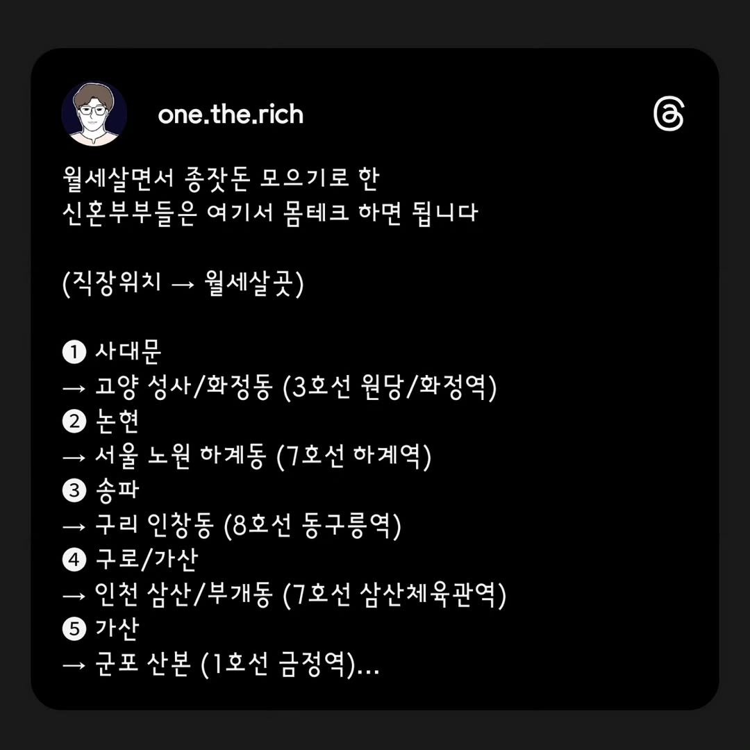 Photo by 원더리치 I 부동산 • 오늘부터 내집준비 on August 27, 2025. May be an image of pie and text that says 'one.the.rich 6 월세살면서 종잣돈 모으기로 한 신혼부부들은 여기서 몸테크 하면 됩니다 (직장위치 월세살곳) 1 사대문 고양 성사/ /화정동 (3호선 원당 화정역) 논현 서울 서 울 노원 하계동 (7호선 (7호선하계역) 하계역) 송파 구리 인창동 (8호선 동구릉역) 구로/가산 인천 삼산, 삼산/부개동 (7호선 삼산체육관역) 5 가산 -군포산본 군포 산본 (1호선 금정역)...'.