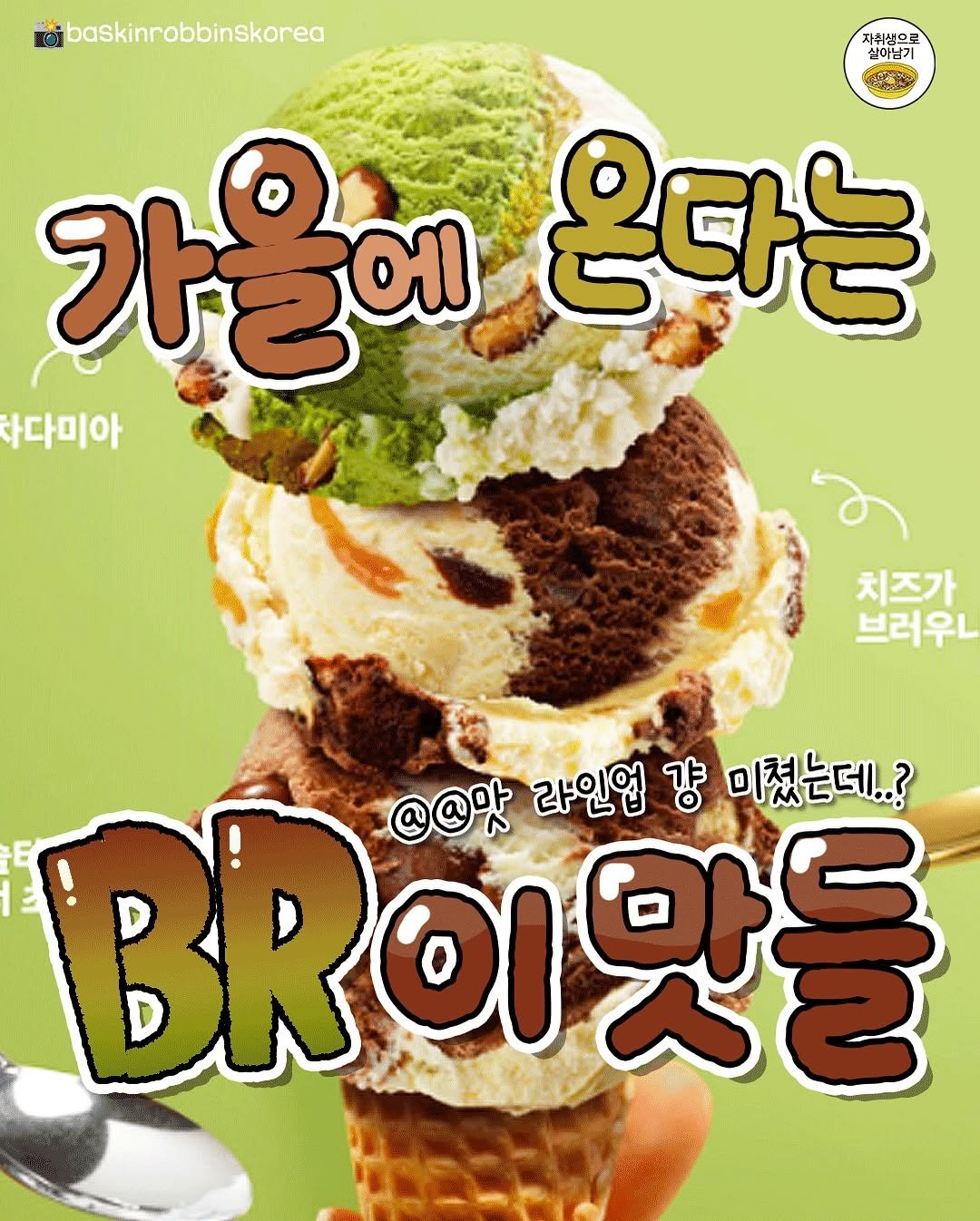Photo by 자취생으로 살아남기 on August 17, 2025. May be an image of gelato and text that says 'baskinrobbinskorea 자취생으로 실이남기 가울에 에 온다는 하다미아 치즈가 브러우니 BR이I맛들 @@K 라인업 걍 미쳤는데..?'.