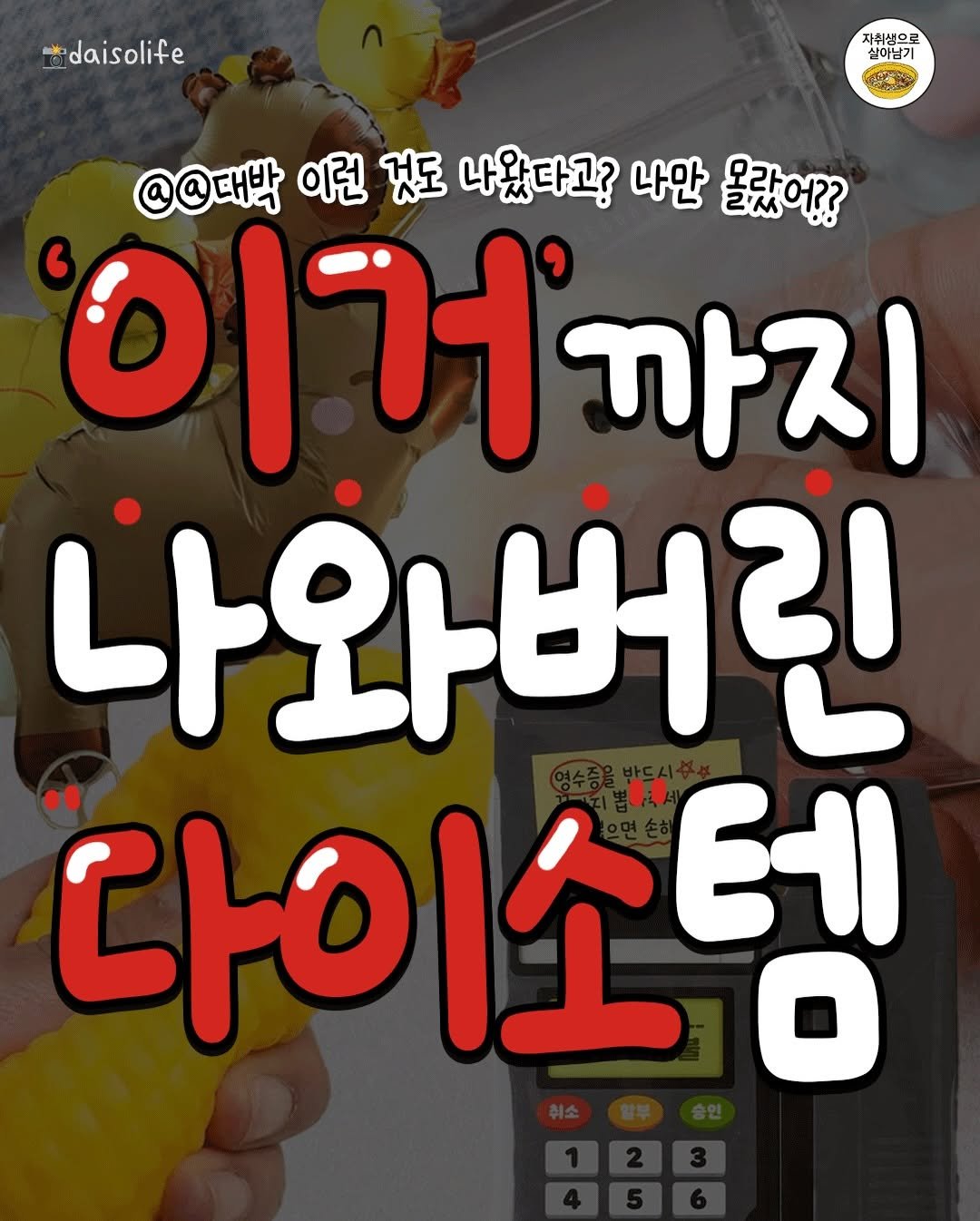 Photo by 자취생으로 살아남기 on April 27, 2026. May be an image of text that says 'daisolife 자취생으로 6 @@대박 이런 것도 나왔다고? 나만 몰랐어?? 이거까지 까지 나와버린 다이소템 O'.