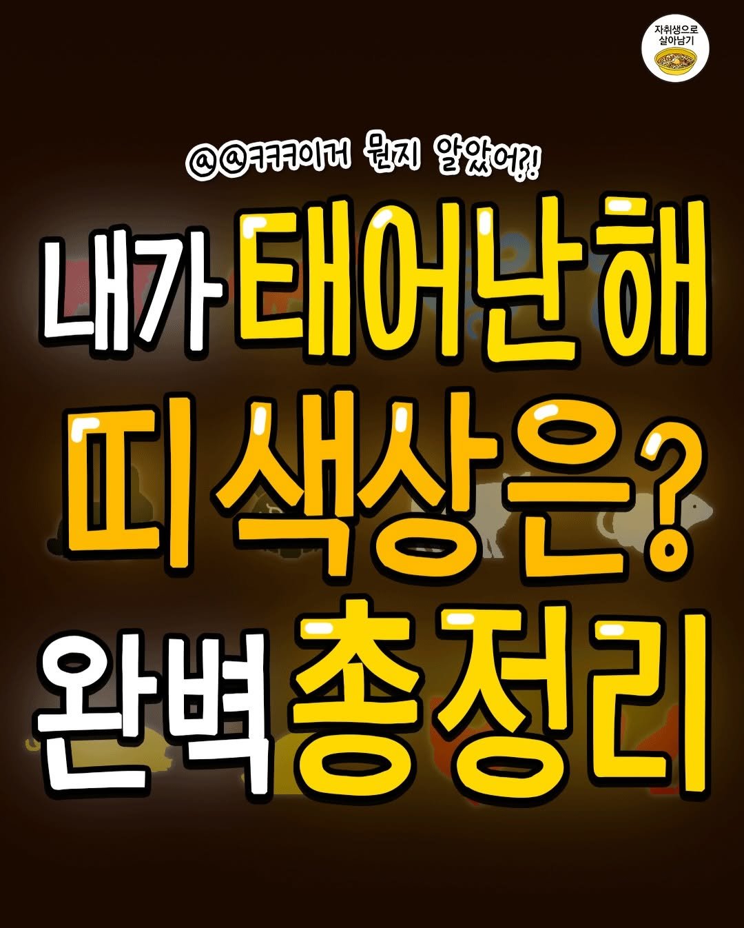 Photo by 자취생으로 살아남기 on December 31, 2025. May be an image of ‎text that says '‎자취생으로 살아남기 ات @@ᄏㅋㅋ이거 뭔지 알았어?! 내가 태어난히 띠 피색상은? 생사요 완벽총정리 완벽‎'‎.