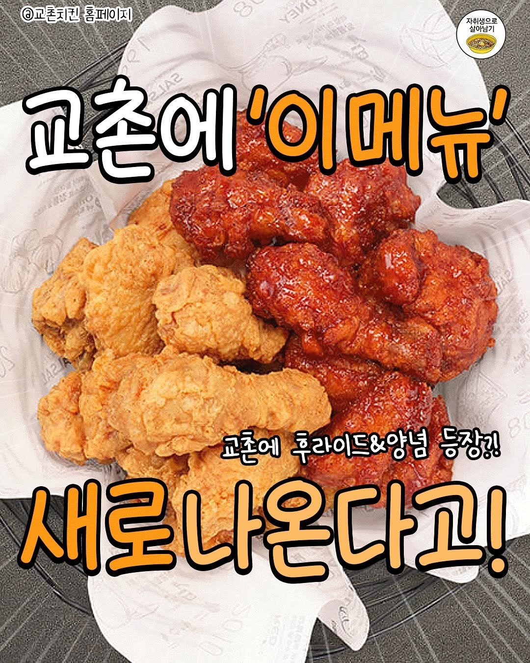 Photo by 자취생으로 살아남기 on March 07, 2025. May be an image of chicken and text that says '@교존치킨 @교존치킨홈페이지 홈페이지 yиO 자취생으로 실이님기 교촌에 '이메뉴 교촌에'이메뉴' ΌΙ 고존에 후라이드&앙념 등장?! 새로나온다고!'.