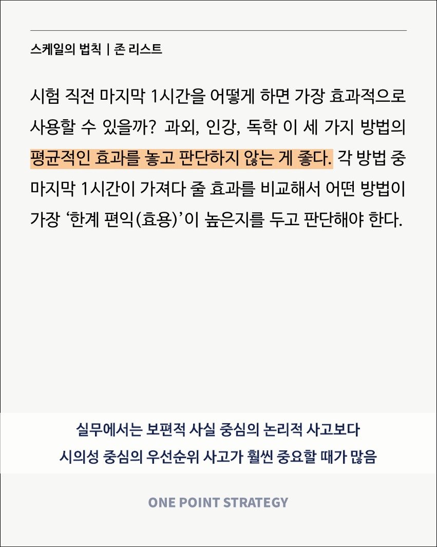 Photo by 원포인트전략 on July 26, 2025. May be an image of text that says '스케일의 법칙 존 리스트 시험 직전 마지막 1시간을 어떻게 하면 가장 효과적으로 사용할 수 있을까? 과외, 인강, 독학 이 세 가지 방법의 평균적인 효과를 놓고 판단하지 않는 게 좋다. 각 방법 중 마지막 1시간이 가져다 줄 효과를 비교해서 어떤 방법이 가장 '한계 편익(효용)'이 높은지를 두고 판단해야 한다. 실무에서는 보편적 사실 중심의 논리적 사고보다 시의성 중심의 우선순위 사고가 훨씬 중요할 때가 많음 ONE POINT STRATEGY'.