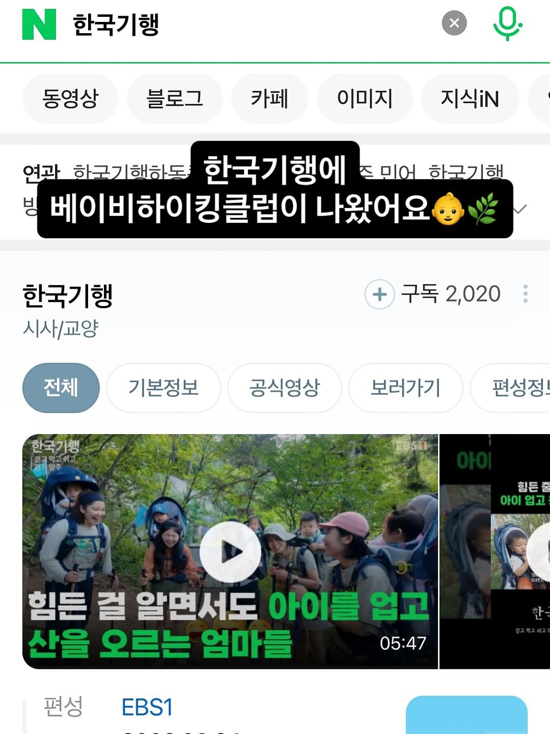 Photo shared by 오언주ㅣ글로벌 아기랑 여행/아웃도어 크리에이터 on August 11, 2025 tagging @ebsstory, and @babyhikingclub. May be an image of 7 people and text that says 'N 한국기행 x 동영상 블로그 카페 이미지 지식iN 연과 하국기해하도 한국기행에 즈 민어 한국기해 방 빙베이비하이킹클럽 베이비하이 나왔어요 한국기행 시사/교양 + 구독 2,020 전체 기본정보 공식영상 한국기행 보러가기 편성정 힘든 아이 업고 O 힘든 걸 알면서도 아이들 업고 산을 오르는 엄마들 05:47 편성 EBS1'.
