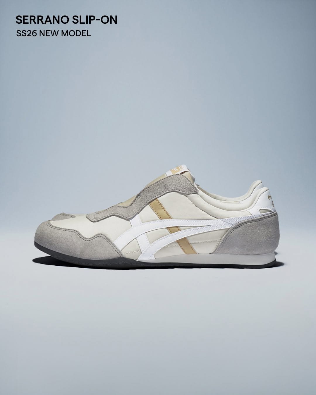 Photo by Onitsuka Tiger Korea on April 19, 2026. May be an image of sneakers and text that says 'SERRANO SLIP-ON SS26NEWMODEL SS26 NEW MODEL'.