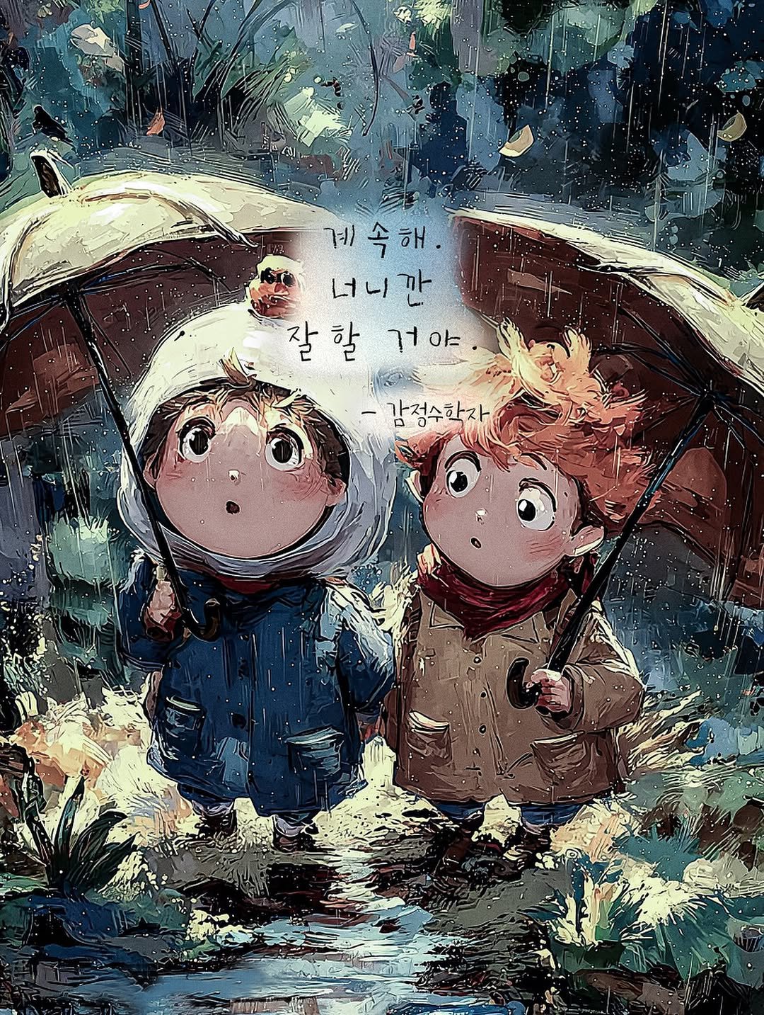 Photo by 감정수학자, 글 on August 13, 2025. May be a doodle of ‎umbrella, parasol, stitching and ‎text that says '‎계) 계속해 속 너니깐 너니까 까 잘할 잘 할 걸야 ٦٦ S -감정수학자 ل‎'‎‎.