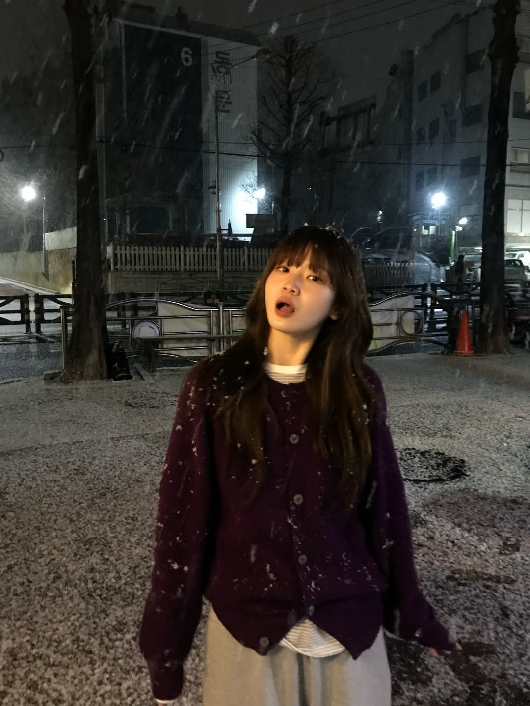 Photo by 오제 on January 23, 2026. May be an image of one or more people, hair, duffle coat, turtleneck, parka, snow and text.