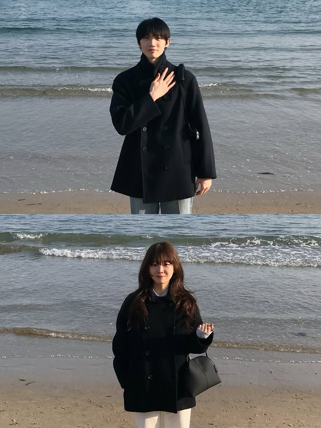 Photo shared by 오제 on February 15, 2026 tagging @innunun. May be an image of duffle coat, overcoat, parka, beach, ocean and text.