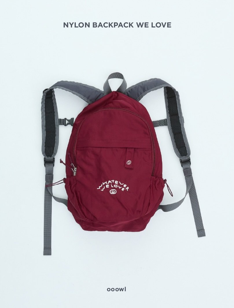 Photo by ooowl on February 21, 2026. May be an image of tool bag, drawstring, pouch and text that says 'NYLON BACKPACK WE LOVE 남용 ooowl'.