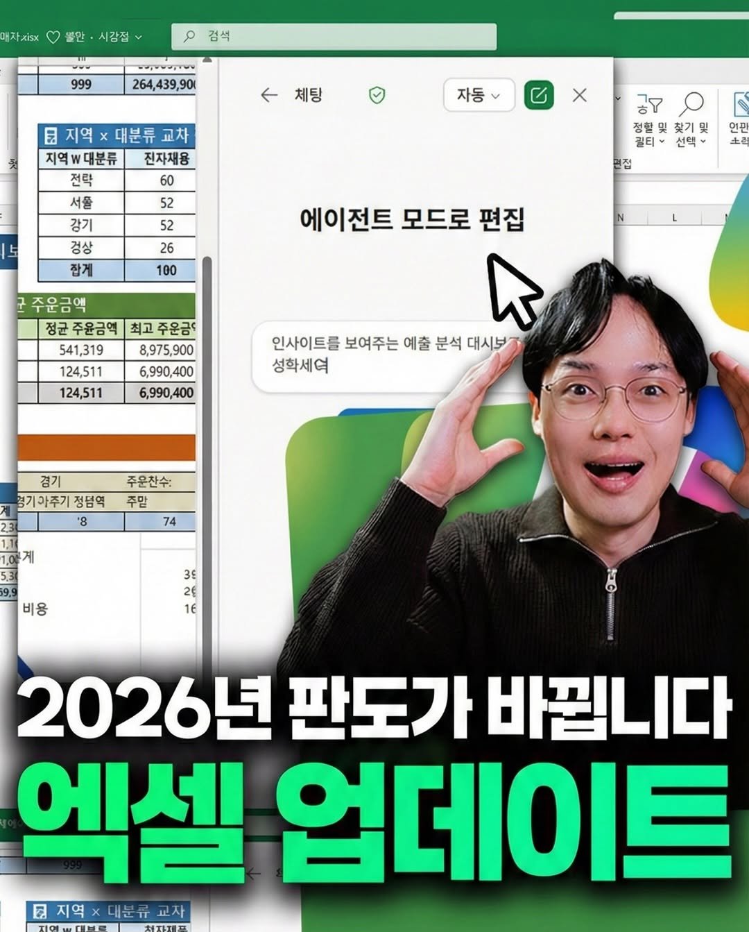 Photo by 오빠두엑셀 | 엑셀강의 대표채널 on February 04, 2026. May be an image of ‎text that says '‎자지s 볼안 시감점 검석 999 مه 264,439,90 90 체탕 자동 X 지역 대분류 지역×대분류교차 대분류교차 교차 지역w대분류 진자재용 전략 60 서를 52 강기 52 정상 26 잡게 100 공 정활및 정활및찾기및 젤티 갤티산 선혁 괜접 언민 노름 에이전트 모드로 편집 주운금액 주운금역 최고 주운금 541,319 8,975,900 124,511 6,990,400 124,511 6,990,400 인사이트를 보여주는 예출 분석 대시보 성화세여 경기 경기아주기 정담역 '8 주윤찬수: 주말 74 계 3 3€ 비용 16 2026년 판도가 바뀔니다 엑셀 업데이 최지역 .지역×대분류교자 대분축 교자‎'‎.