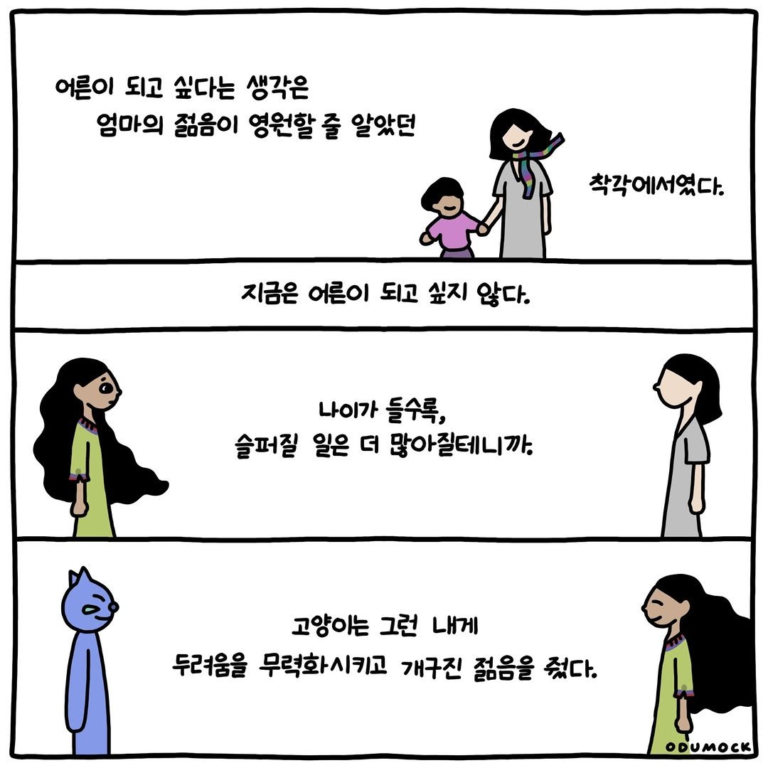 Photo shared by 오두목 툰 on April 23, 2026 tagging @otoonmock, and @odumock. May be a doodle of text that says '어른이 되고 싶다는 생각은 엄마의 젊음이 영원할 즐 알았던 착각에서였다. 지금은 어른이 되고 싶지 않다. 나이가 들수록, 슬퍼질 일은 더 많아질테니까. 고양이는 그런 내게 두려움을 무력화시키고 개구진 젊음을 줬다. ODUMOCK'.