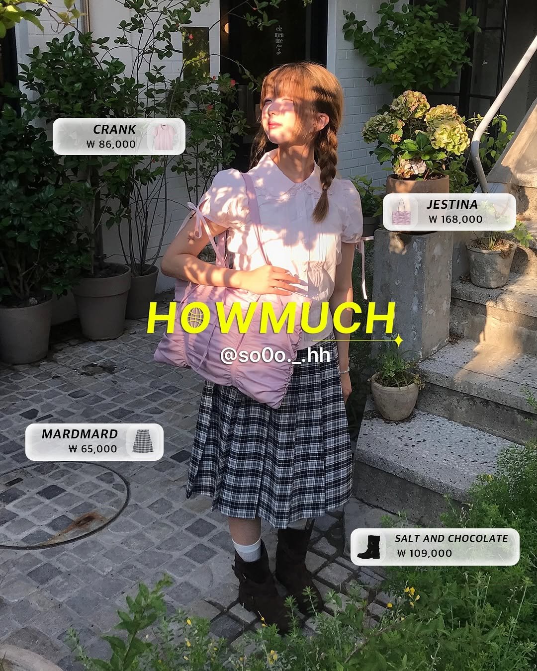 Photo shared by 하우머치코리아 (HOWMUCH KOREA) on August 09, 2025 tagging @so0o._.hh, and @outfitbattles_korea. May be an image of 1 person and text that says 'CRANK w 86,000 JESTINA w 168, 168,000 w168,000 000 Ho HOWM HOWMUCH @soOo._.hh .hh MARDMARD $ 65,000 SALT SALTANDCHOCOLATE AND CHOCOLATE W 109,000'.
