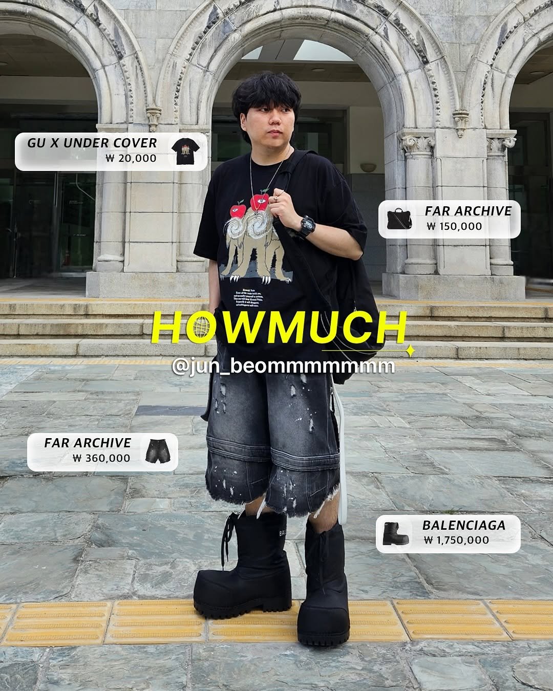 Photo shared by 하우머치 코리아 (HOWMUCH KOREA) on October 04, 2025 tagging @jun_beommmmmmm, and @outfitbattles_korea. May be a Twitter screenshot of 1 person, phone, costume and text that says 'GU GUXUNDERCOVER X UNDER COVER t 20,000 FAR ARCHIVE ₩ 150,000 HO OWMUCH @jun_beommmmmmm mm @jun FAR ARCHIVE w 360,000 000 BALENCIAGA W 1,750,000'.