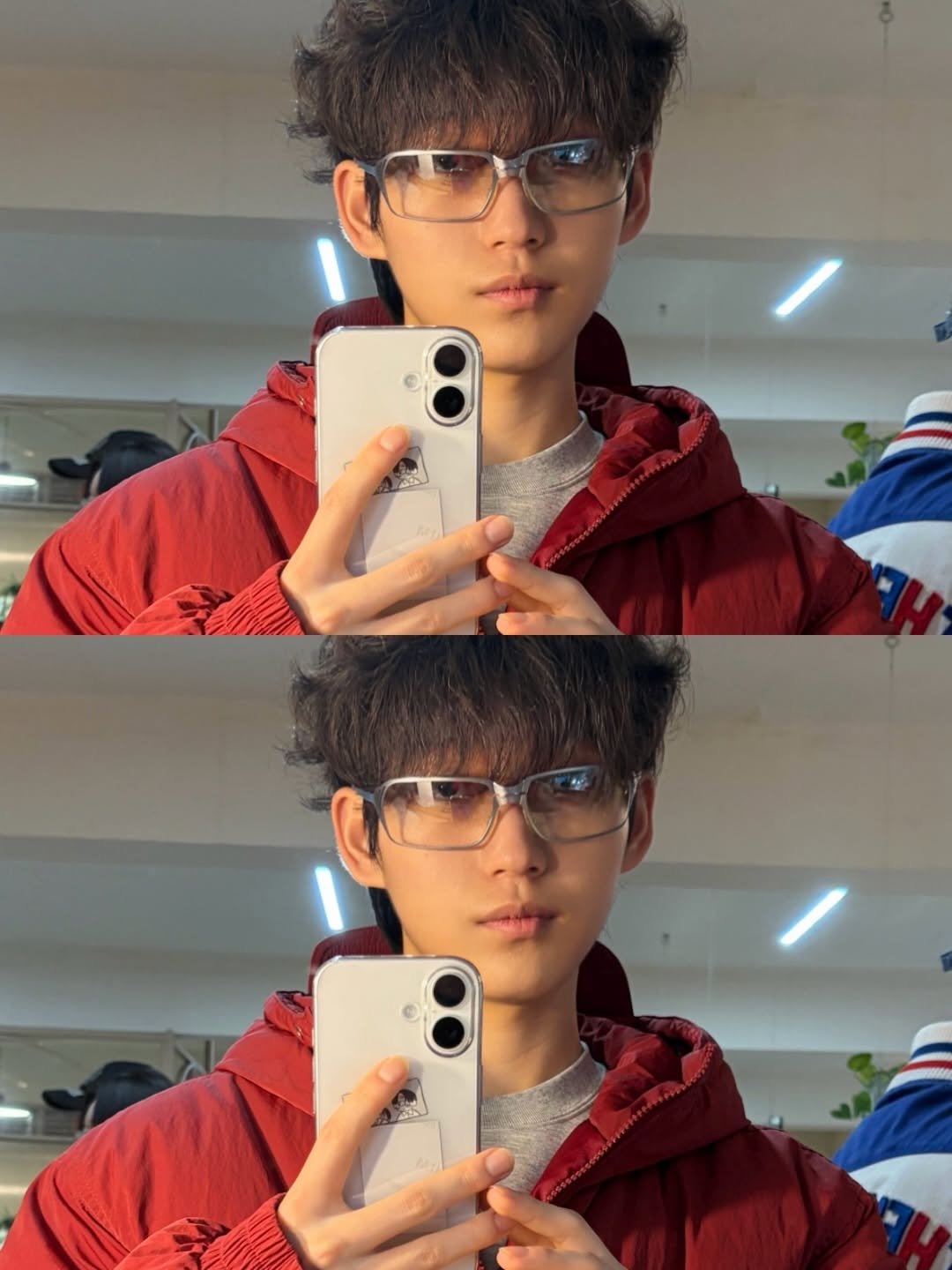 Photo by 박쏠티 패션 on March 07, 2026. May be a selfie of one or more people, hair, phone, eyeglasses, jacket, parka, mirror and text.