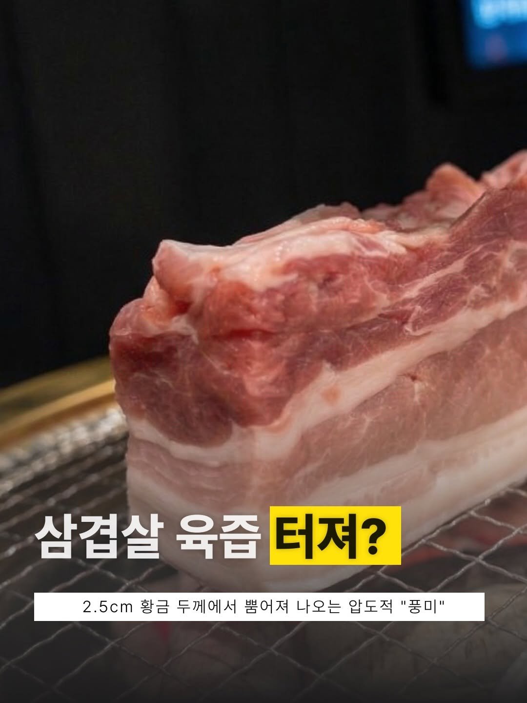 Photo by 극락돈 on April 16, 2026. May be an image of pork and text that says '삼겹살 육즙 삼겹살육즙터져? 터져? 2.5cm 황금 두께에서 뽑어져 나오는 압도적 "풍미"'.
