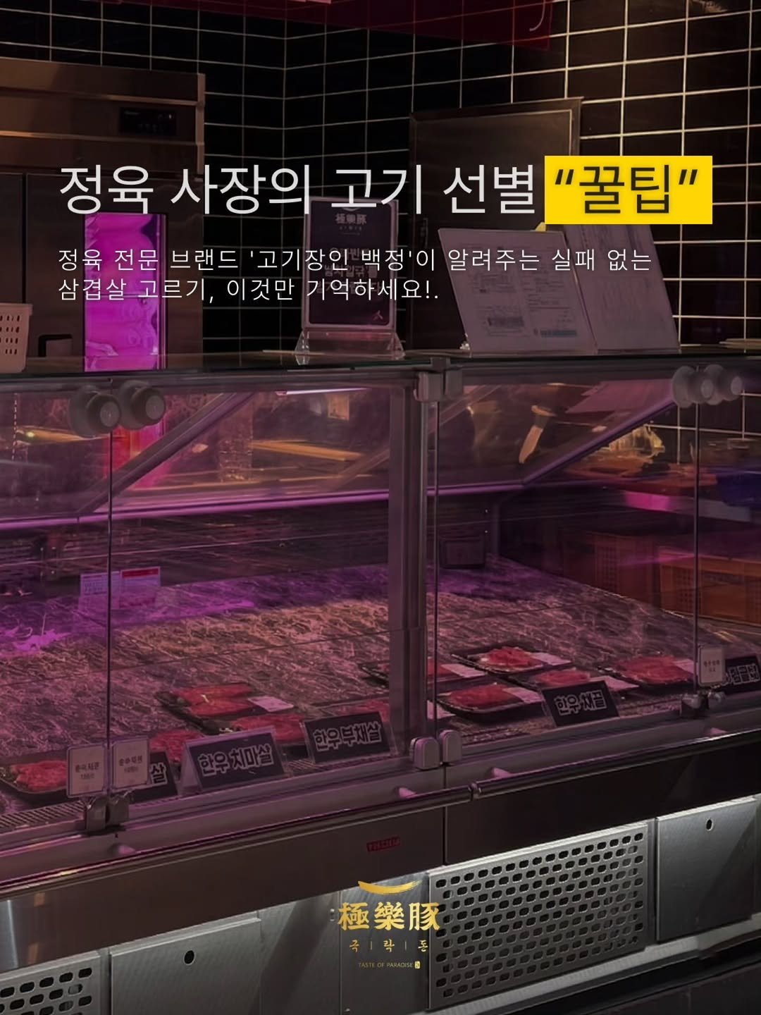 Photo by 극락돈 on April 26, 2026. May be an image of text that says '정육 사장의 고기 선별 "꿀팁" 정육 전문 브랜드 '고기장인 백정'이 알려주는 실패 없는 삼겹살 고르기, 이것만 기억하세요! 極樂豚 국학!품 극/락|'.