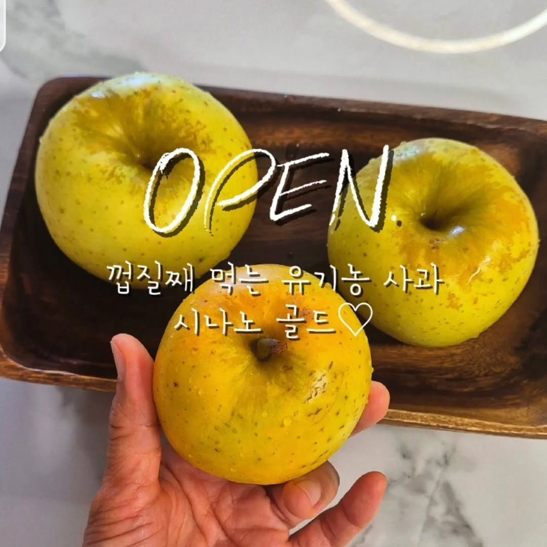 Photo by Ji Hye Park on September 26, 2025. May be an image of turnover, apple, pie and text that says 'ΟΡΕΝ. 껍질째 먹는 유기농 사과 시나노 골드 골드'.
