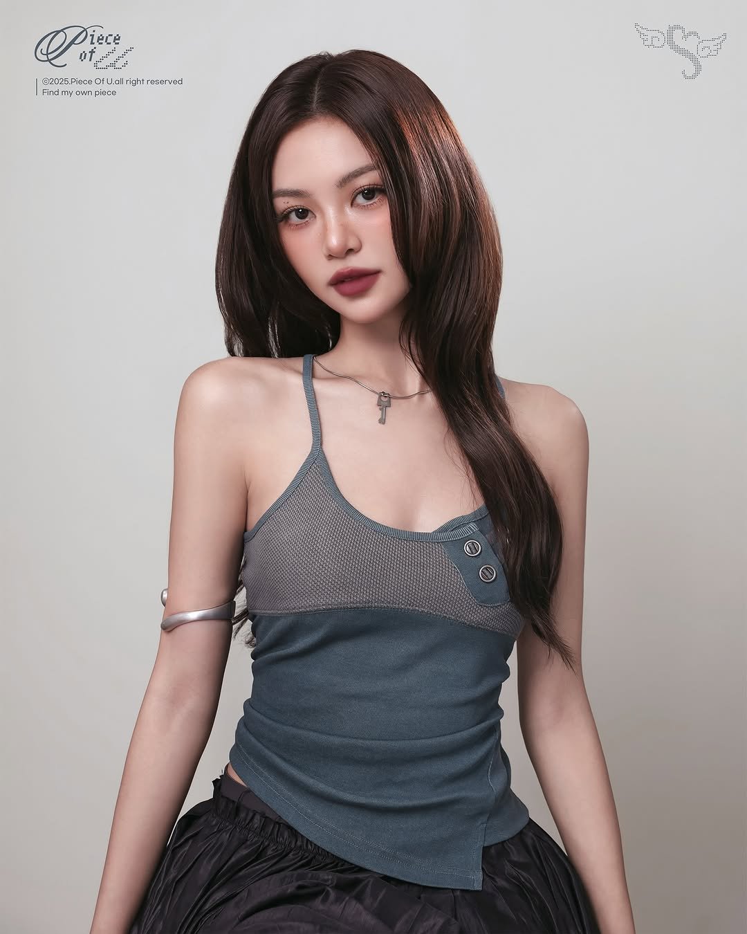 Photo shared by 이나 | Ena on October 07, 2025 tagging @pear1ena, and @enathin9. May be an image of one or more people, makeup, hair, dress, halter top and text.