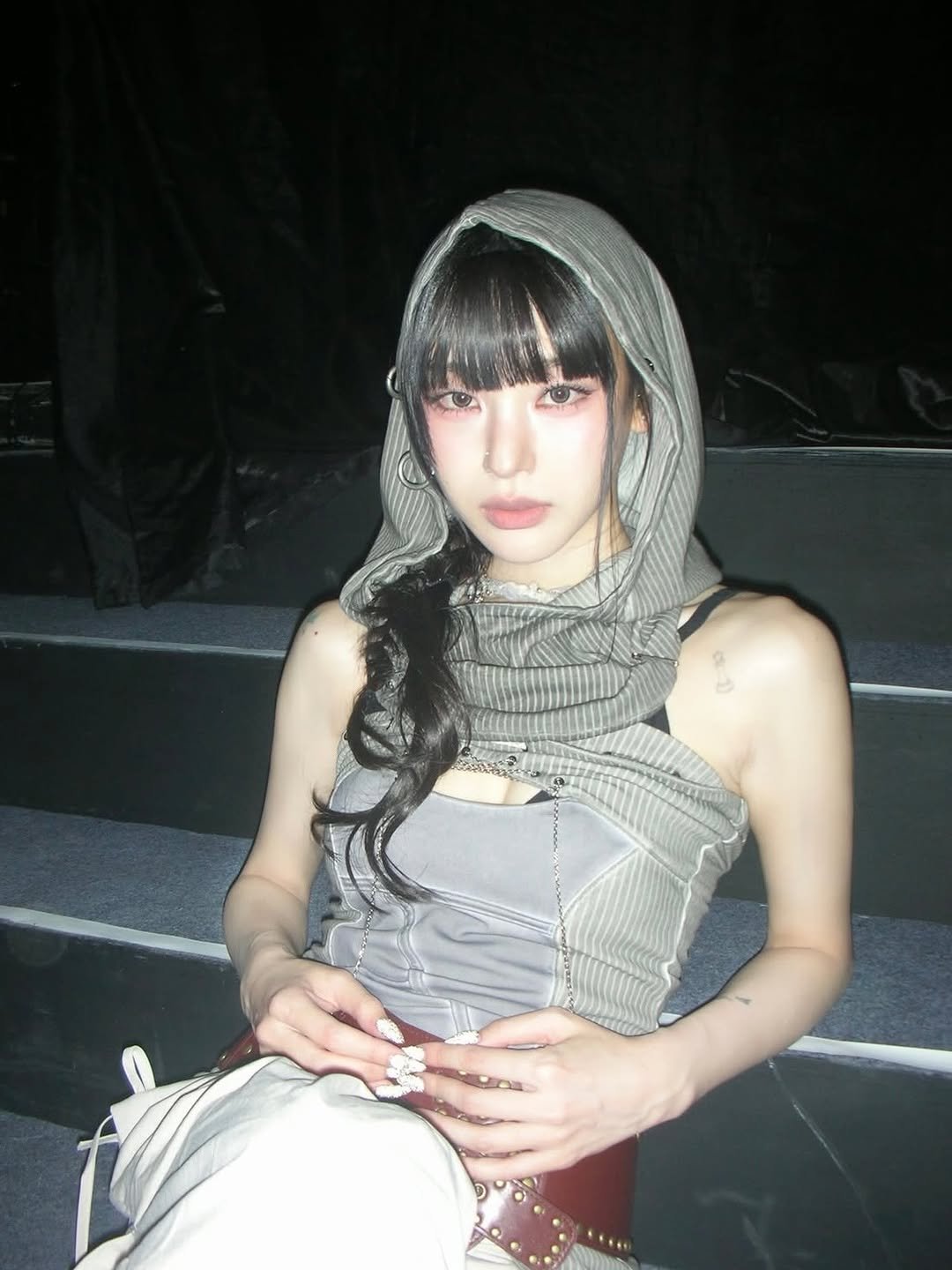 Photo shared by 이나 | Ena on November 23, 2025 tagging @enathin9. May be an image of fishnet stockings, headdress, costume and text.