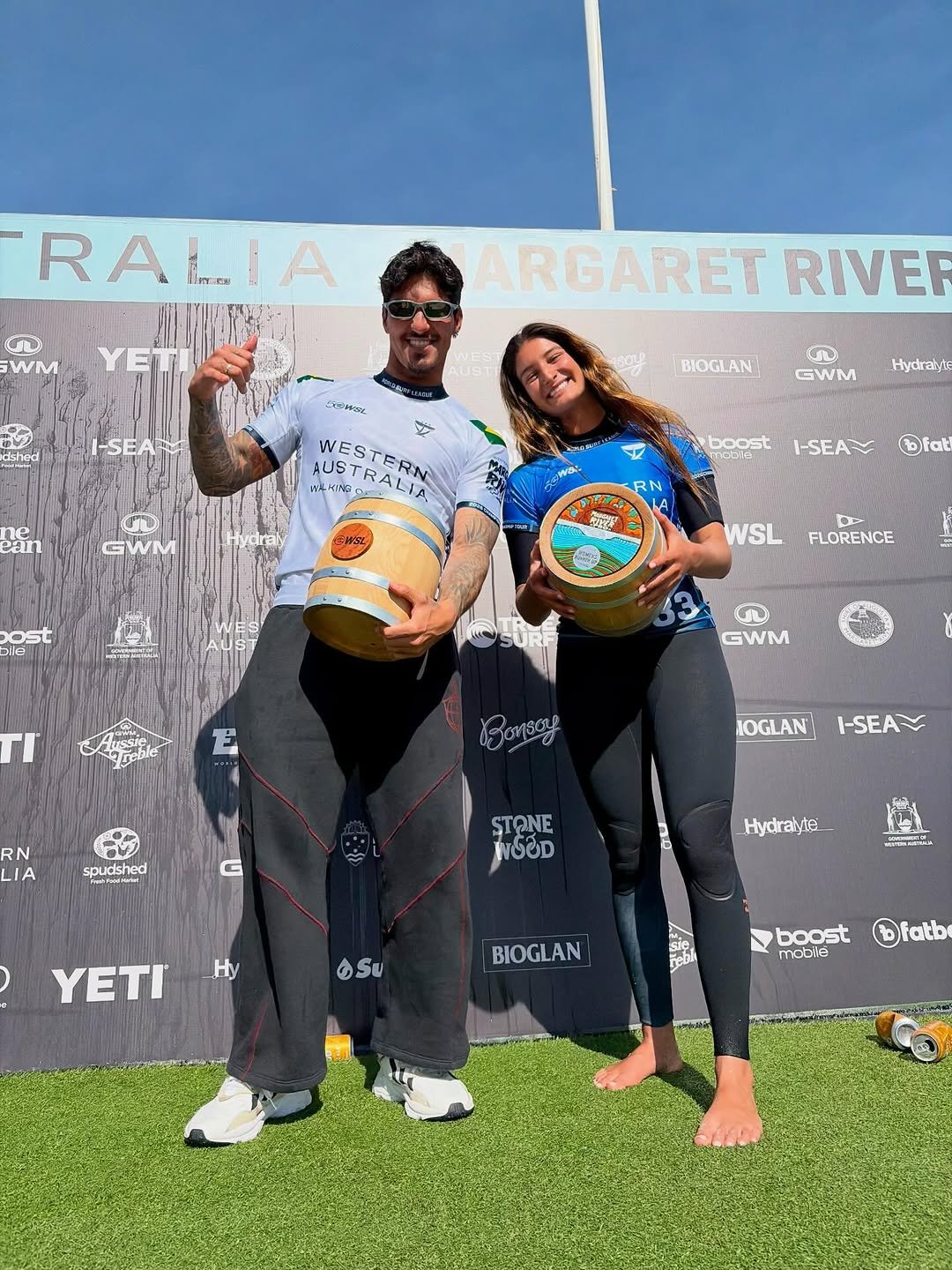 Photo by People On Tour in Surfers Point, Margaret River with @gabrielmedina, @wsl, @sportv, @luanasilva__, and @wslbrasil. May be an image of wetsuit and text.