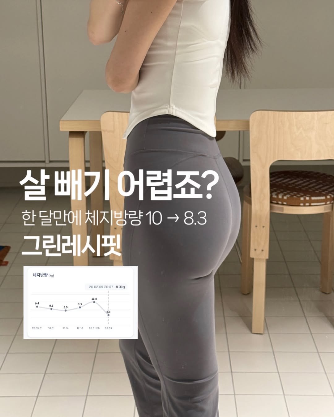 Photo by 봉봉 𝖻𝗈𝗇𝖻𝗈𝗇 | 𝖩𝖾𝗈𝗇𝗀𝗁𝗐𝖺 𝖸𝗎𝗄 on April 25, 2026. May be an image of text that says '살빼기어렵죠? 살빼기 어렵죠? 한 달만에 체지 체지방량10 방량 8.3 그린레시핏 체지방량 Pg 시진 2602.09 26.02.0920.67 26.02.00.20.57834g 8.3kg 10.0 18.09.01 W. T0DO 114 17.10 25.01.09 72.03'.
